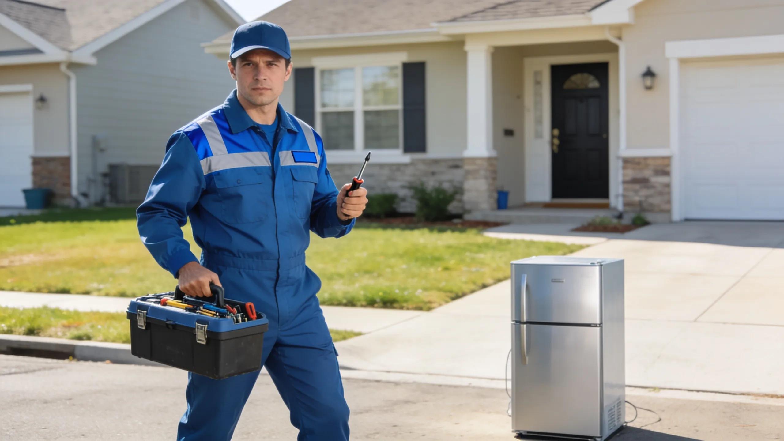 Technician responding to a refrigerator emergency service call in a Pflugerville neighborhood