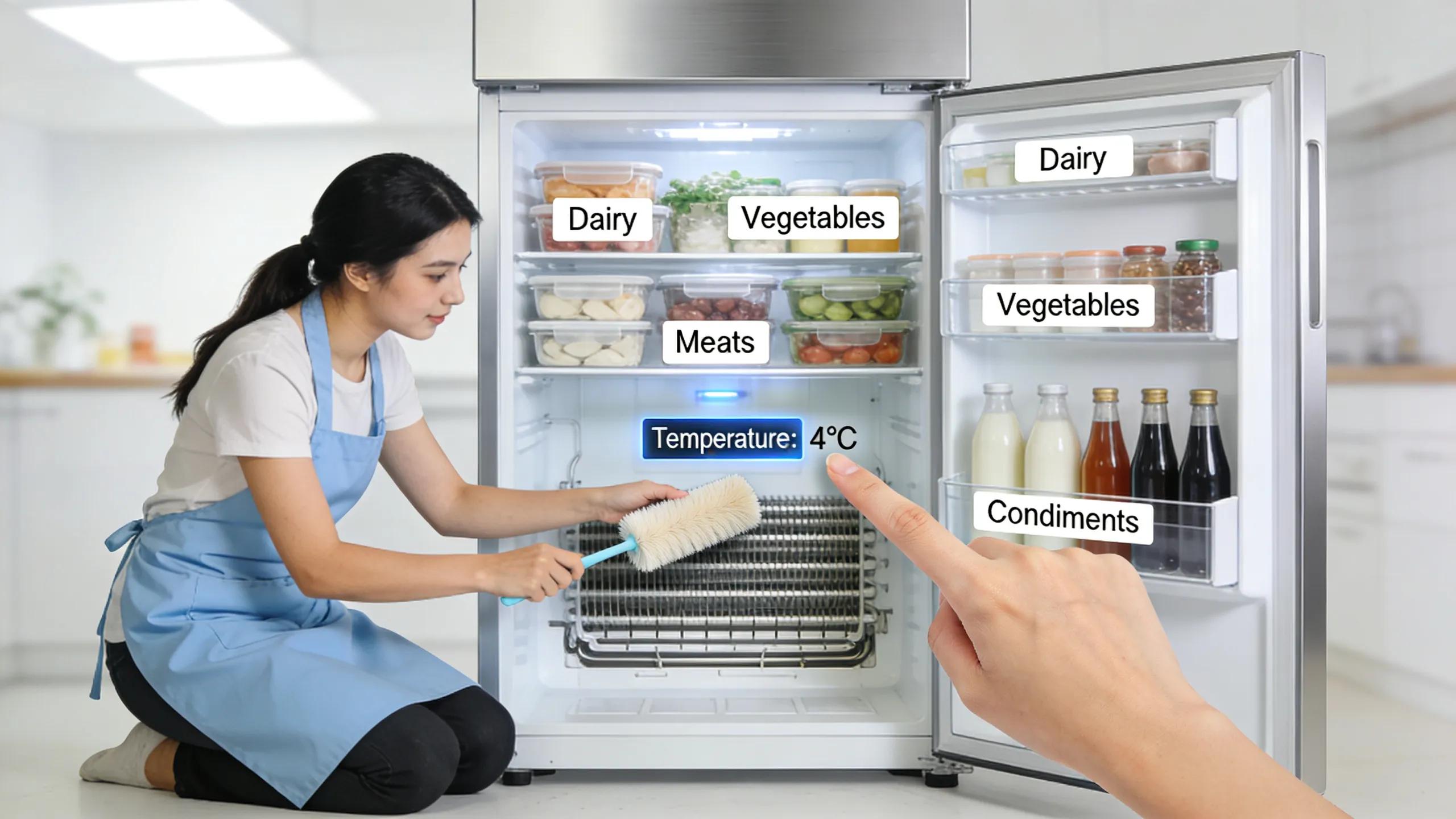 Organized refrigerator interior with maintenance tips for prolonging appliance life