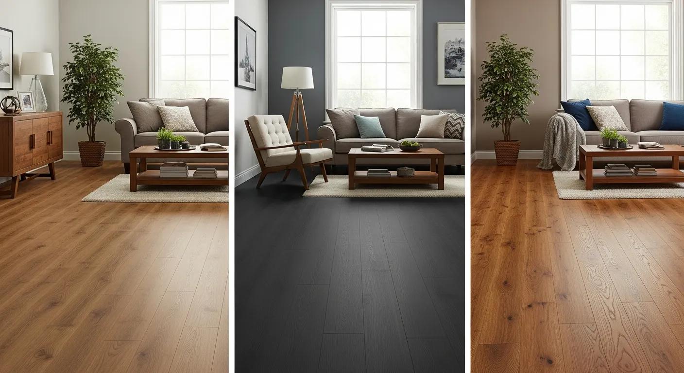 Living room displaying laminate, vinyl and solid wood flooring options