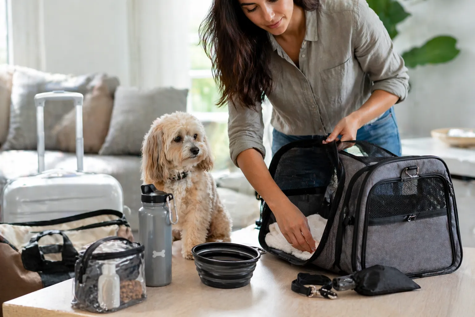 Pet owner preparing dog travel carrier with toys and blankets for a comfortable trip