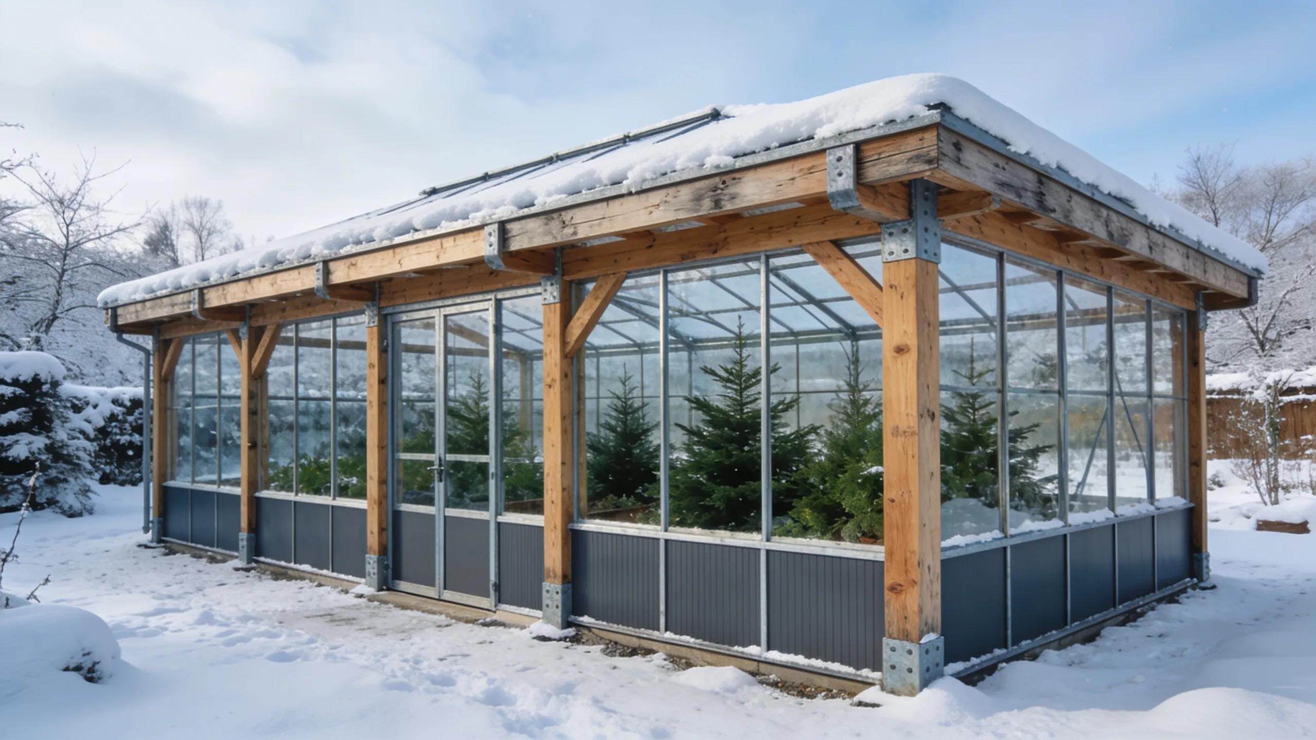 Sustainable materials for greenhouse construction displayed in a snowy garden, highlighting eco-friendly choices for winter gardening.