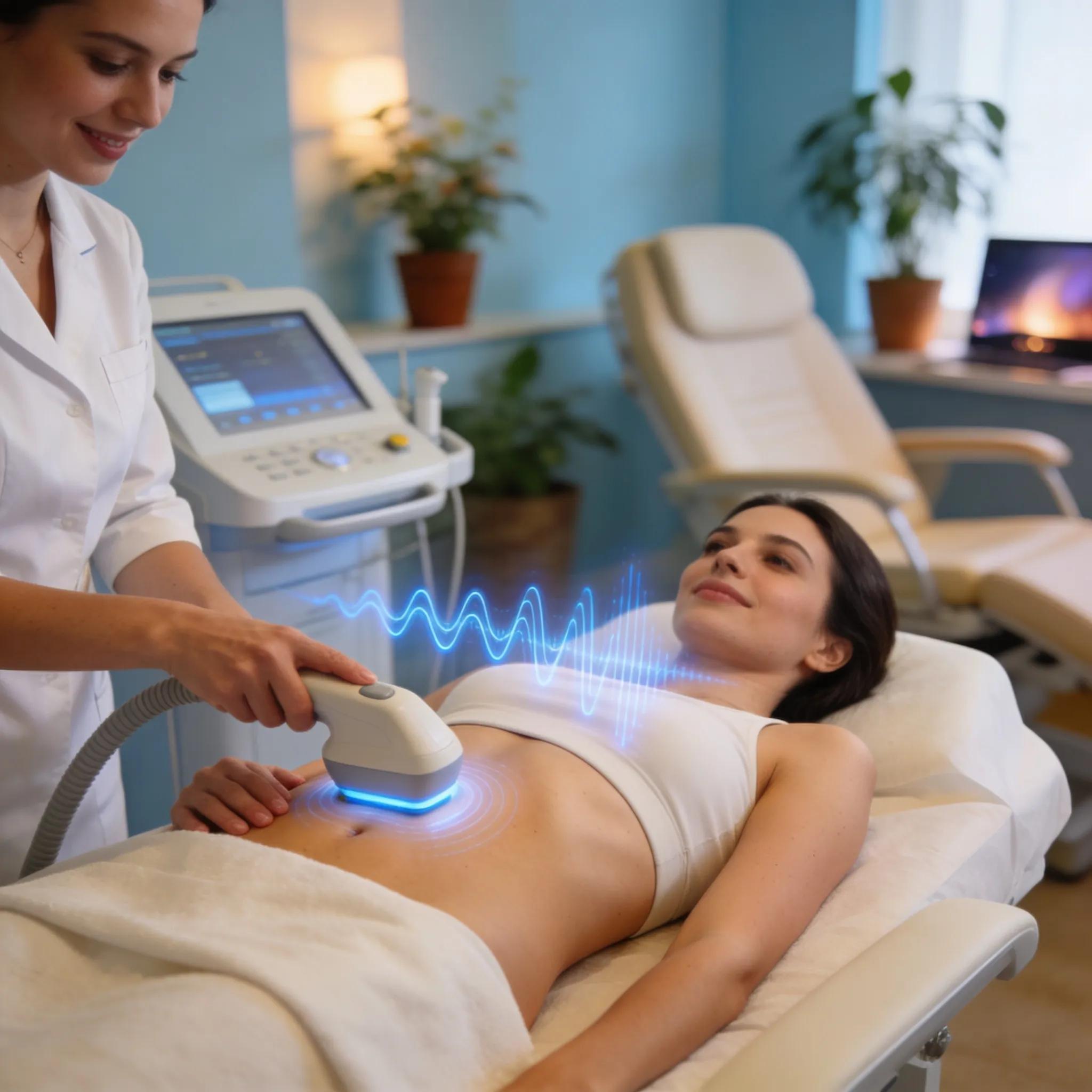 Patient receiving ultrasound fat reduction therapy in a soothing clinical environment