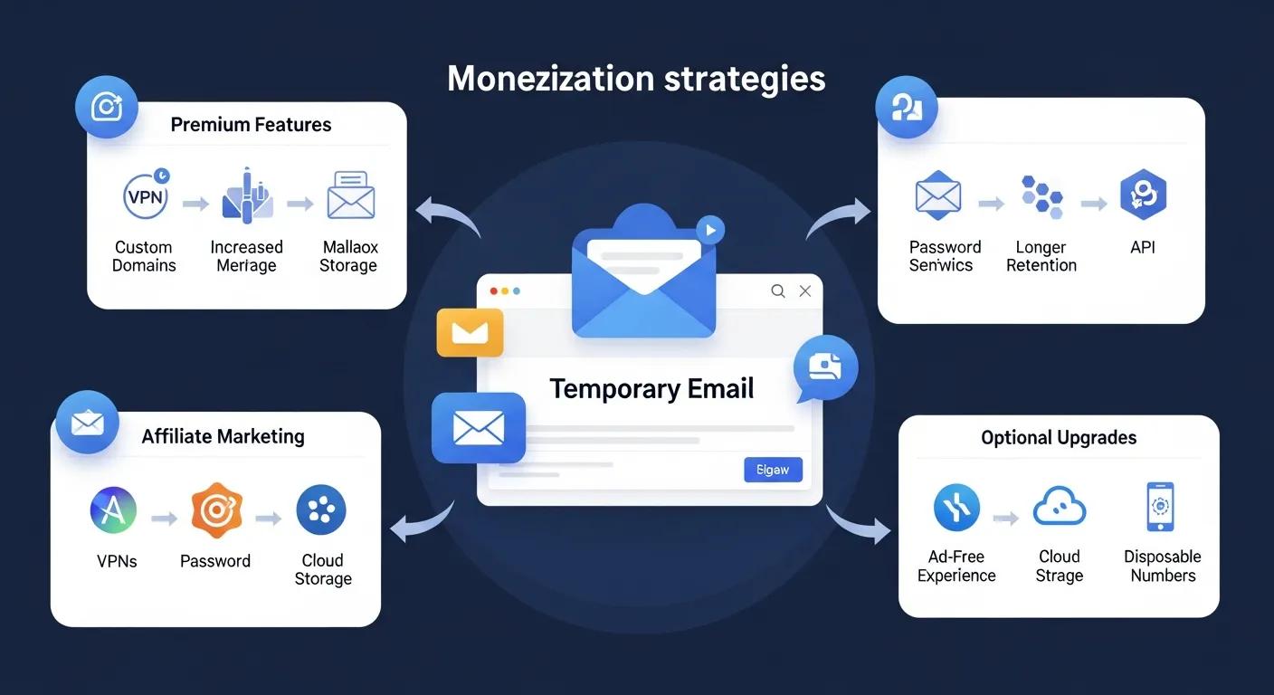 Visual representation of monetization strategies for temporary email services, including premium features and affiliate marketing