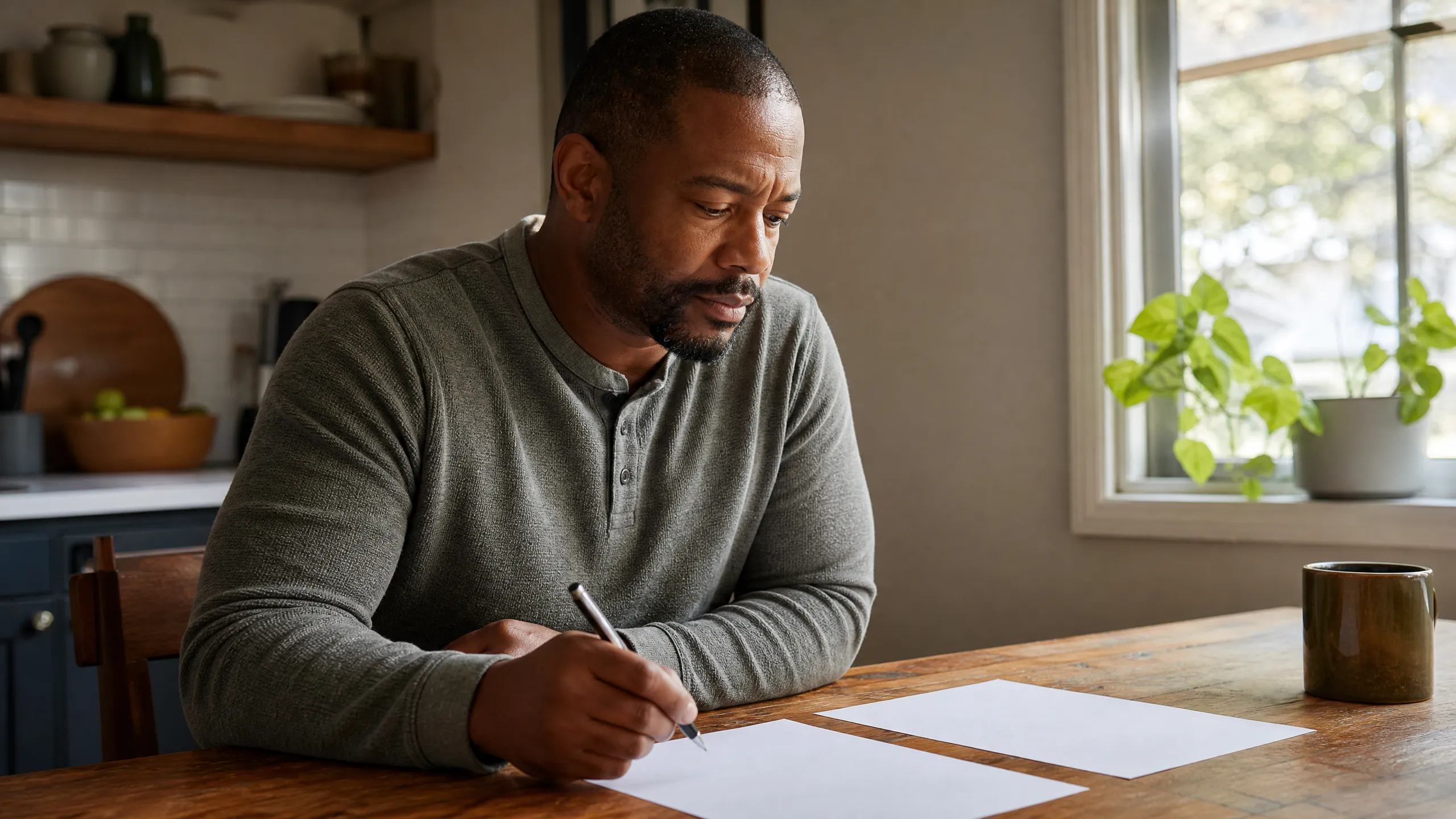 Man in his 40s comparing two printed quotes side by side at a kitchen table Man in his 40s comparing two printed quotes side by side at a kitchen table