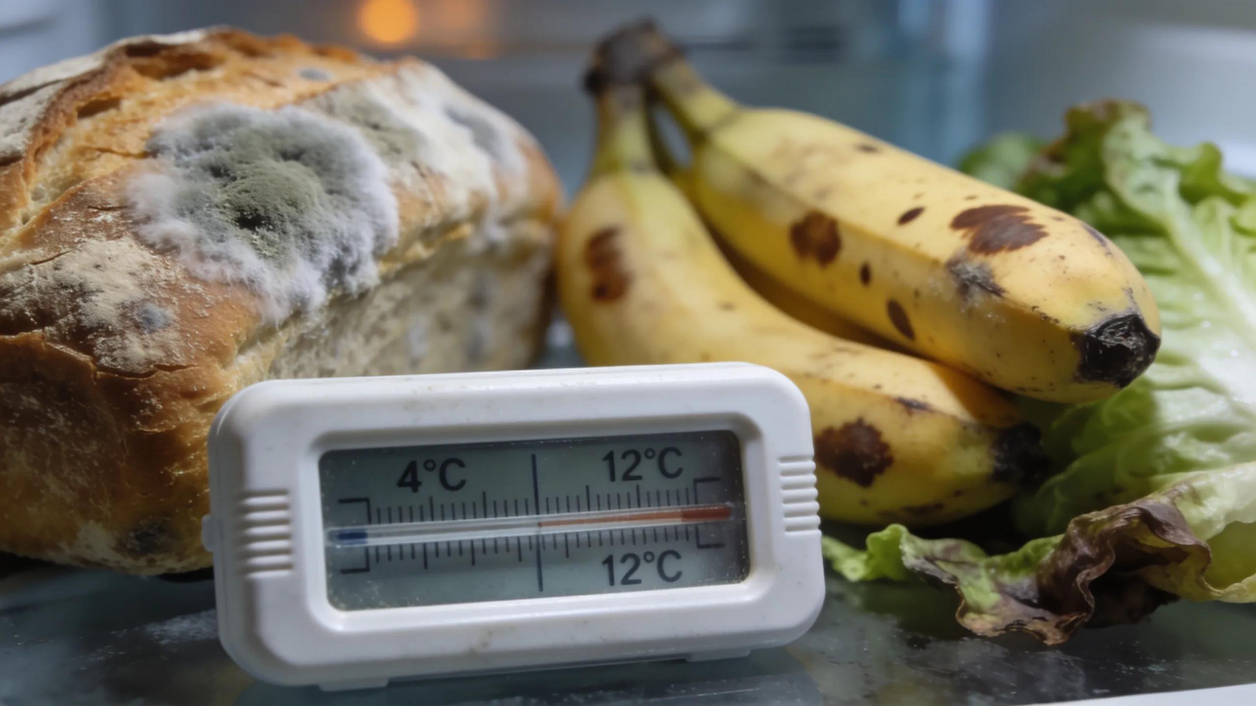 Close-up of a refrigerator thermometer showing fluctuating temperatures amidst spoiled food items, indicating cooling problems