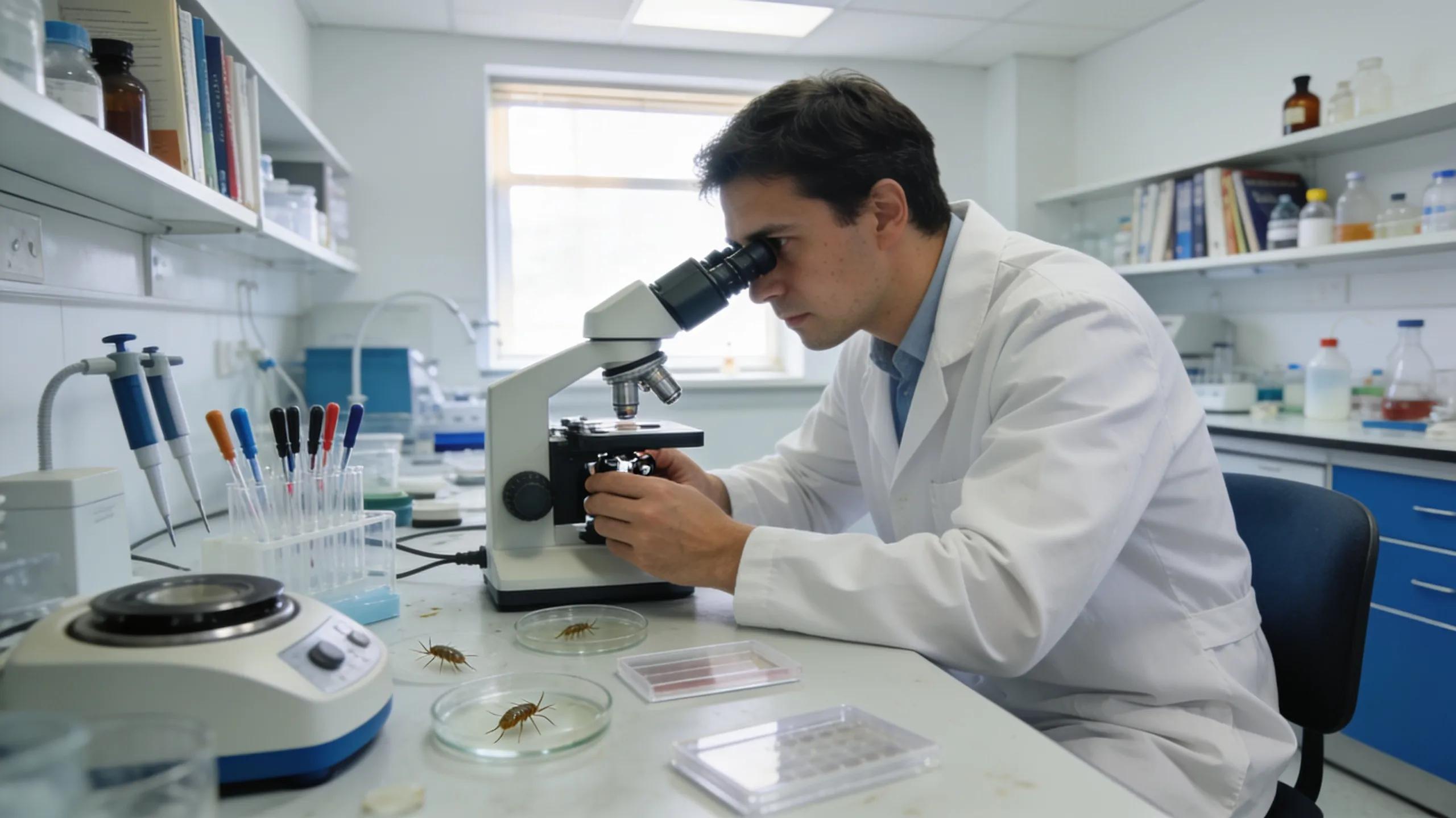 Researcher studying super lice resistance in a laboratory environment Researcher studying super lice resistance in a laboratory environment