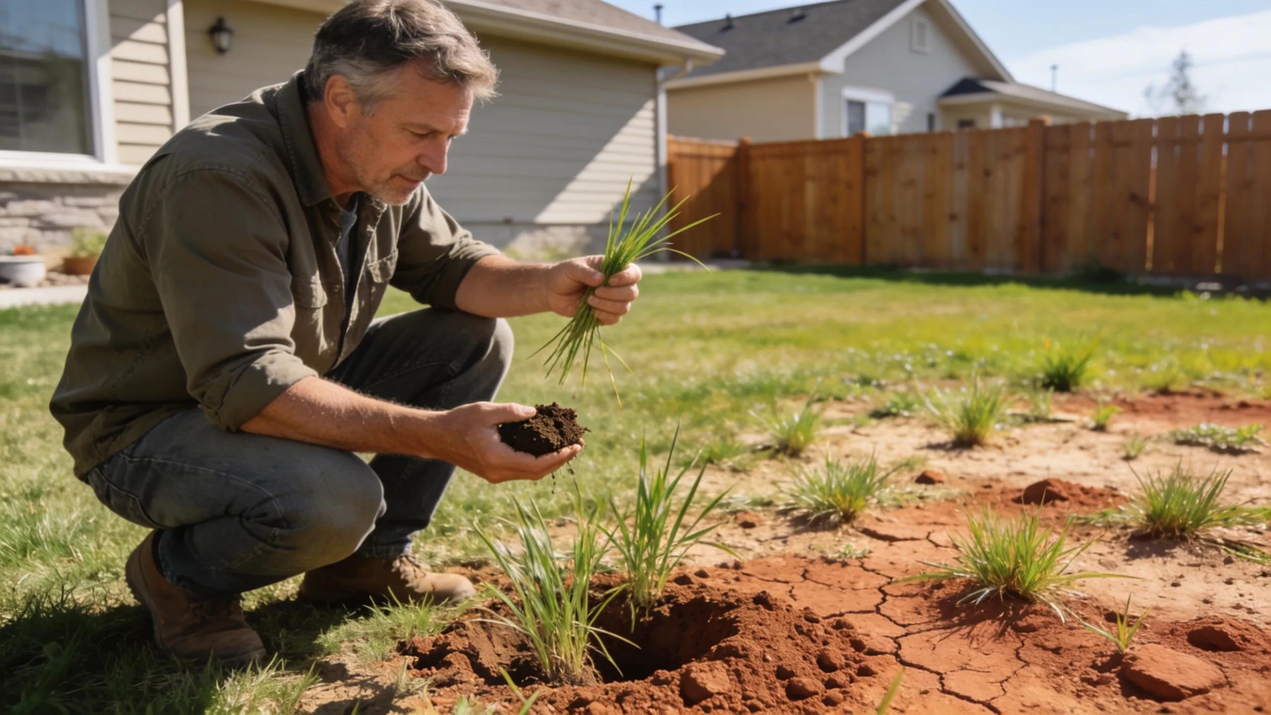 Homeowner examining lawn conditions in Calgary's semi-arid climate, focusing on clay soil and grass types