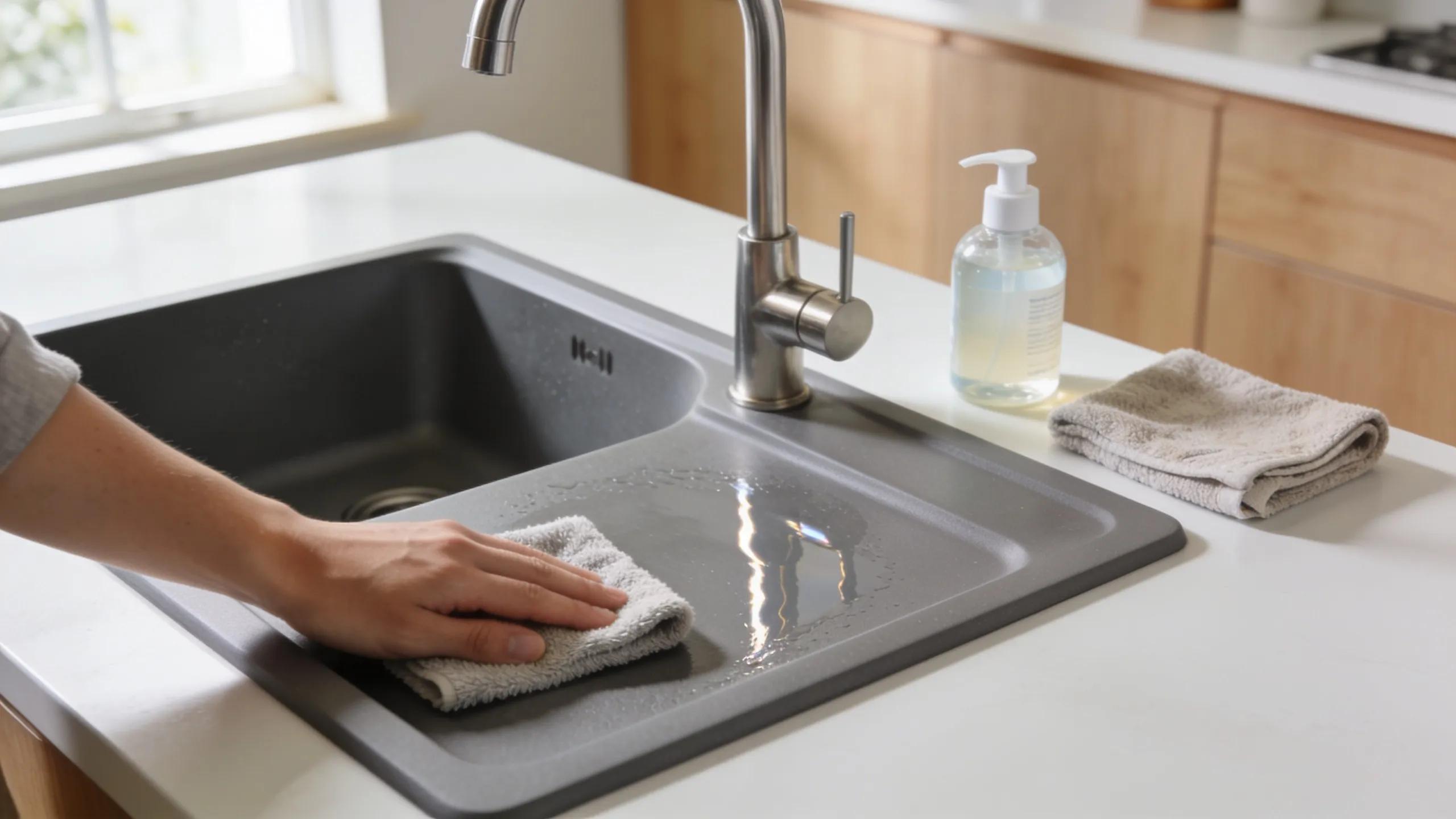 Person cleaning a gun grey matte finish kitchen sink with a soft cloth, demonstrating maintenance best practices