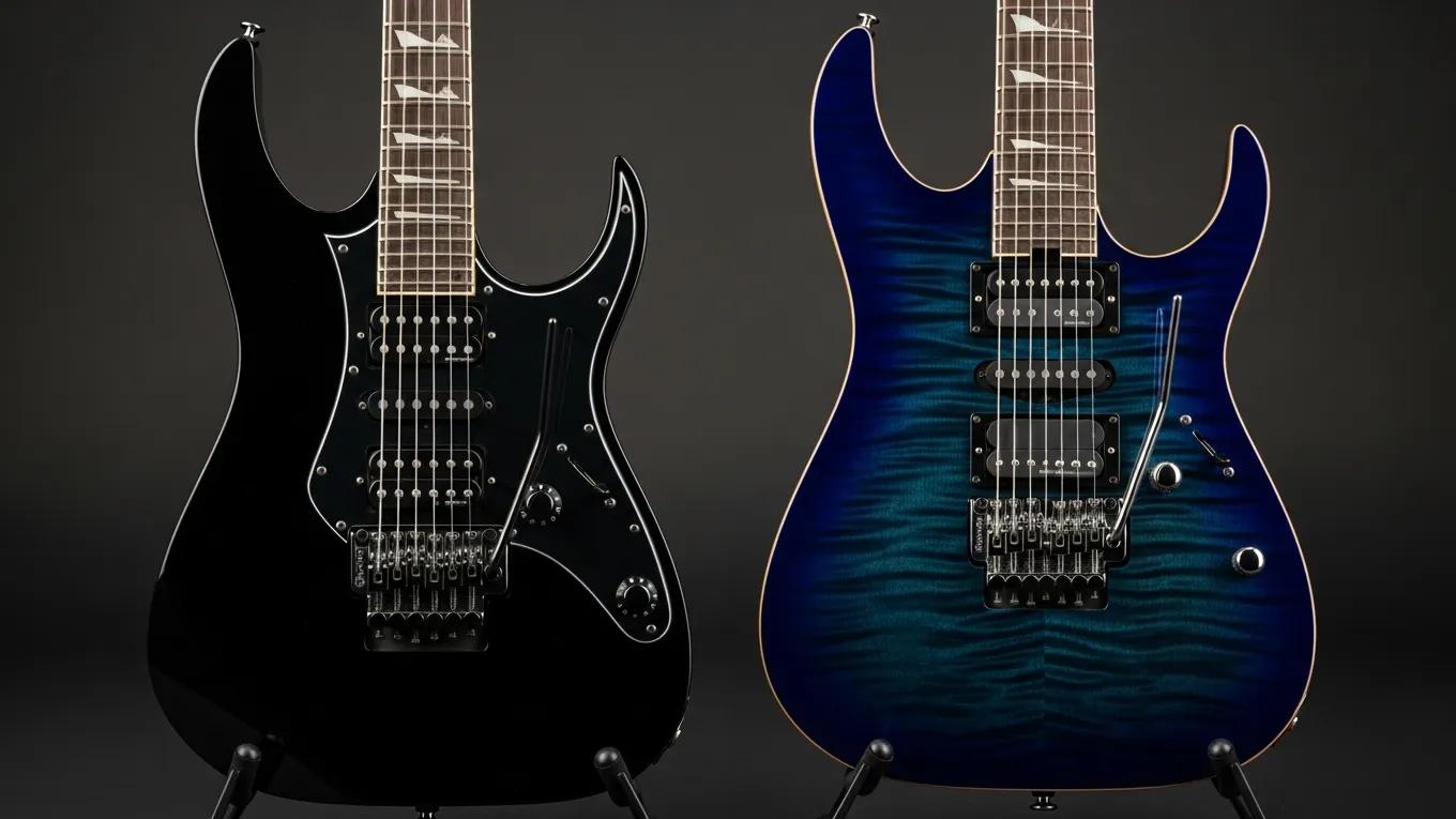 An Ibanez RG and S Series side-by-side, showing their contrasting shapes and design details