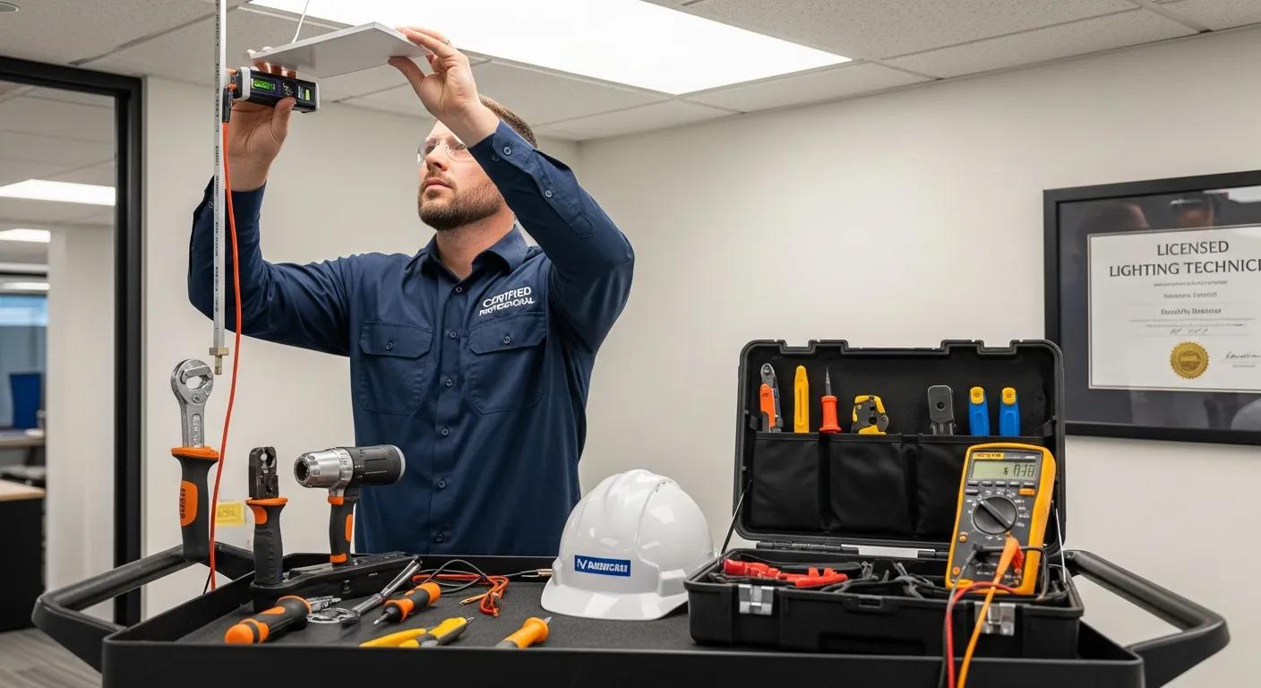 Certified lighting installer working with professional tools, highlighting the importance of certifications