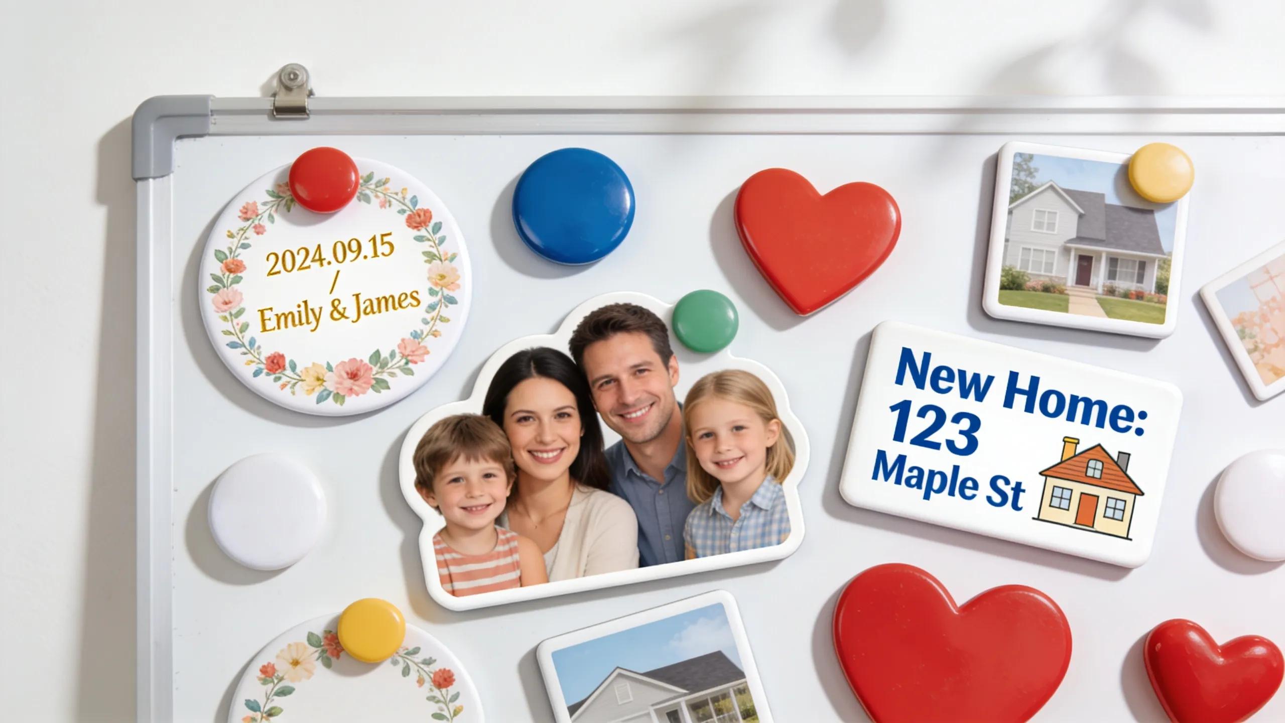 Diverse personalised magnets including save-the-date and family photo designs on a fridge, celebrating customization