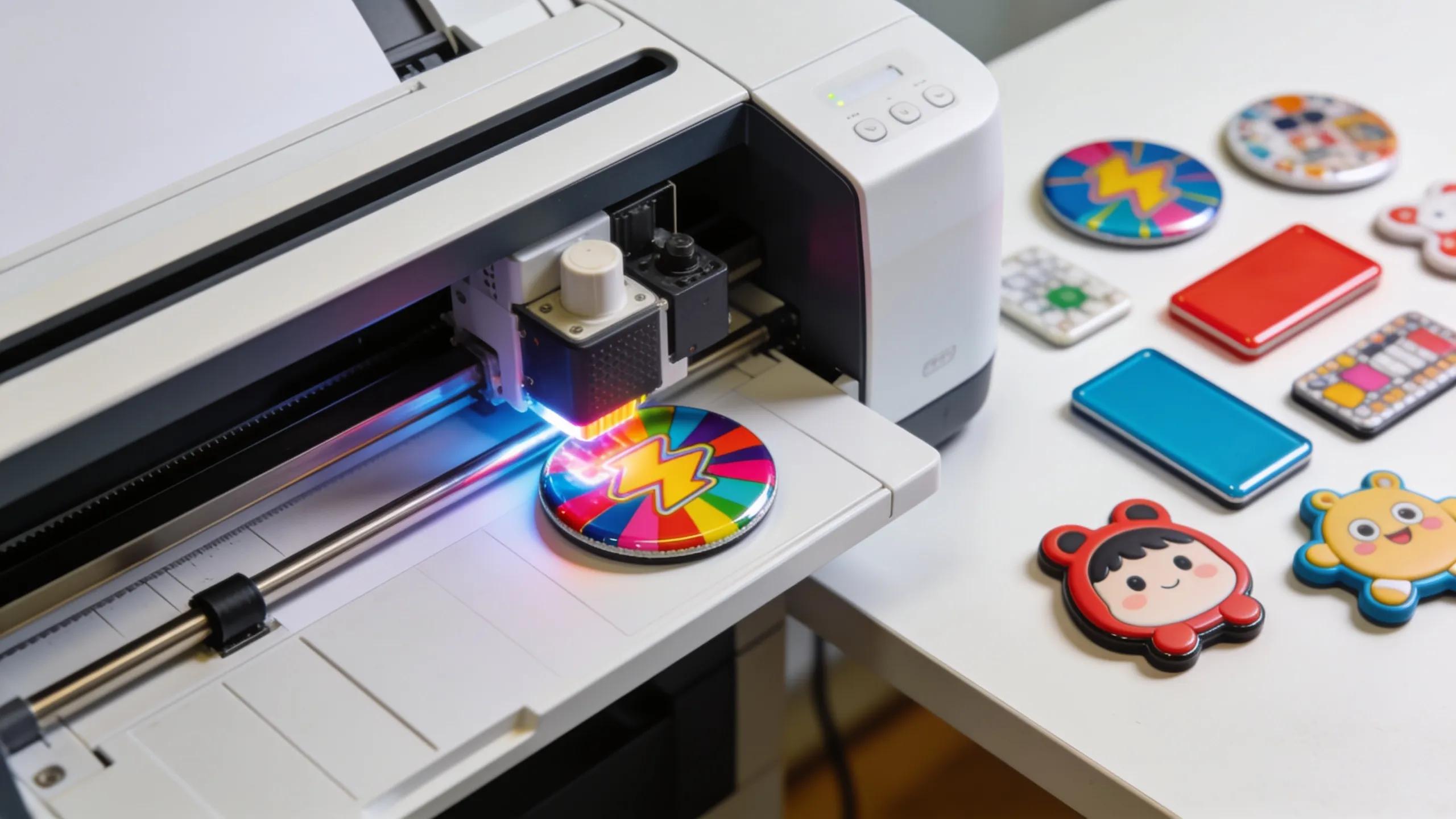 UV printer producing high-quality custom fridge magnets with vibrant colours and intricate designs