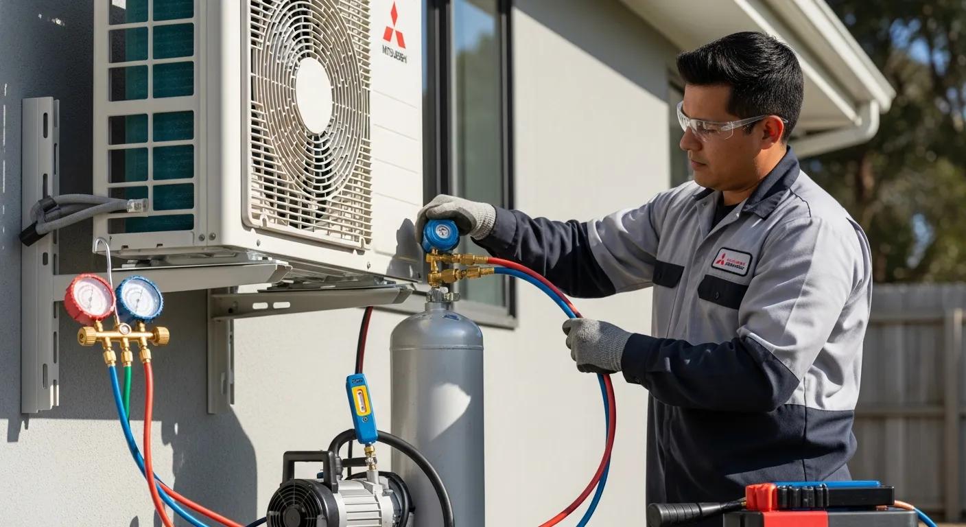Technician charging refrigerant on a Mitsubishi mini‑split system