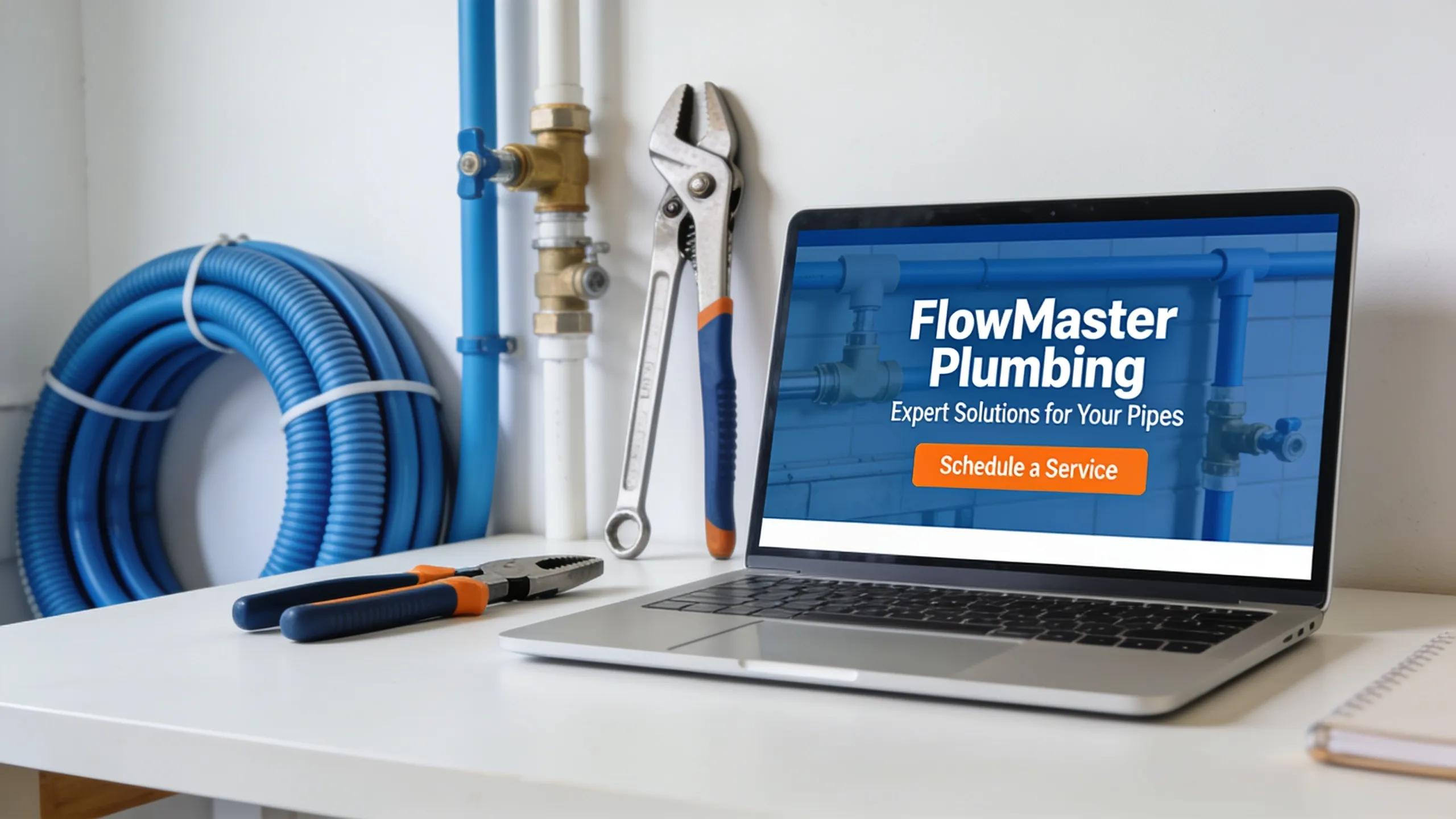 Modern plumbing website design displayed on a laptop in a professional workspace