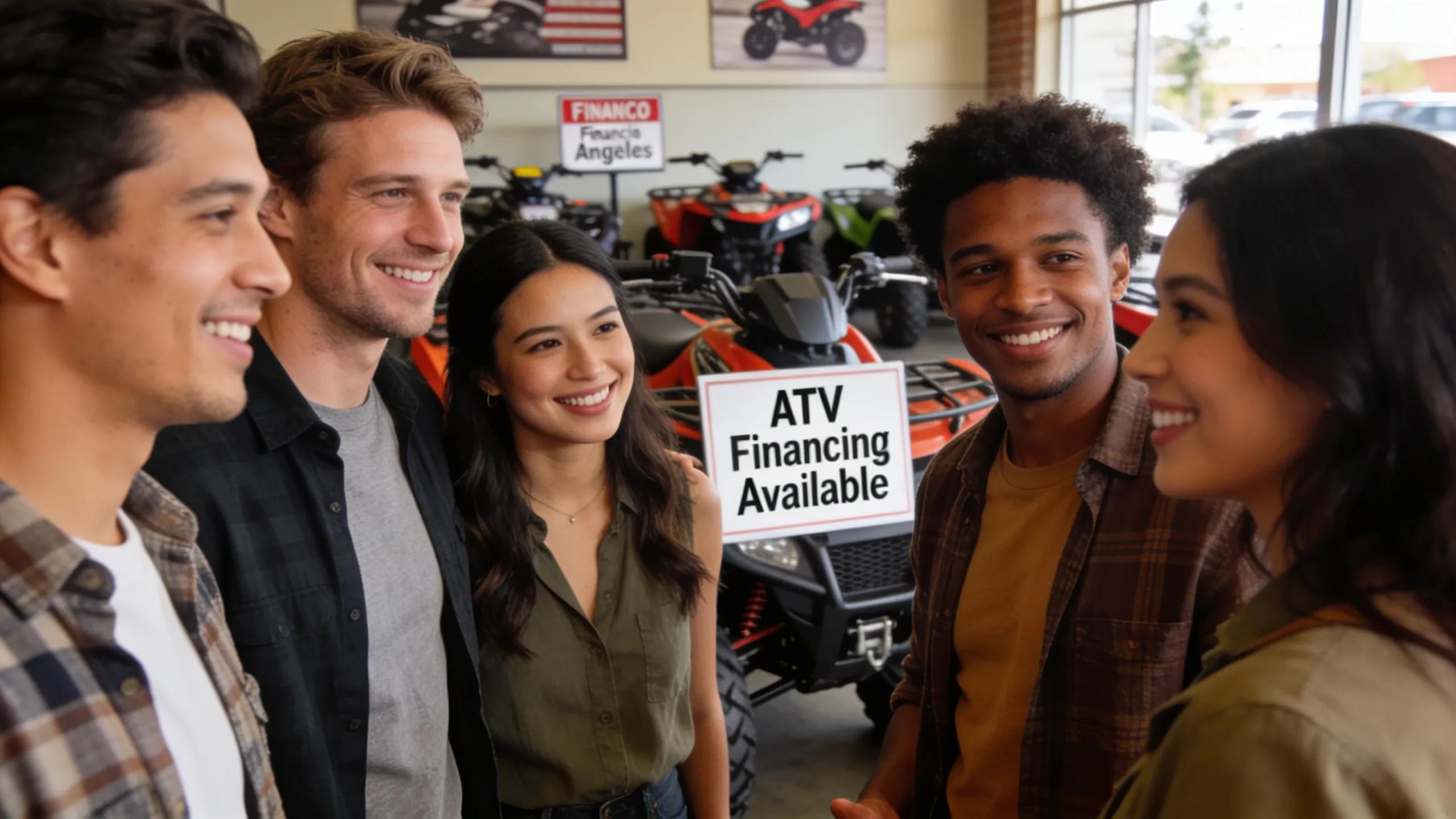 Group discussing ATV financing options at a dealership in Los Angeles