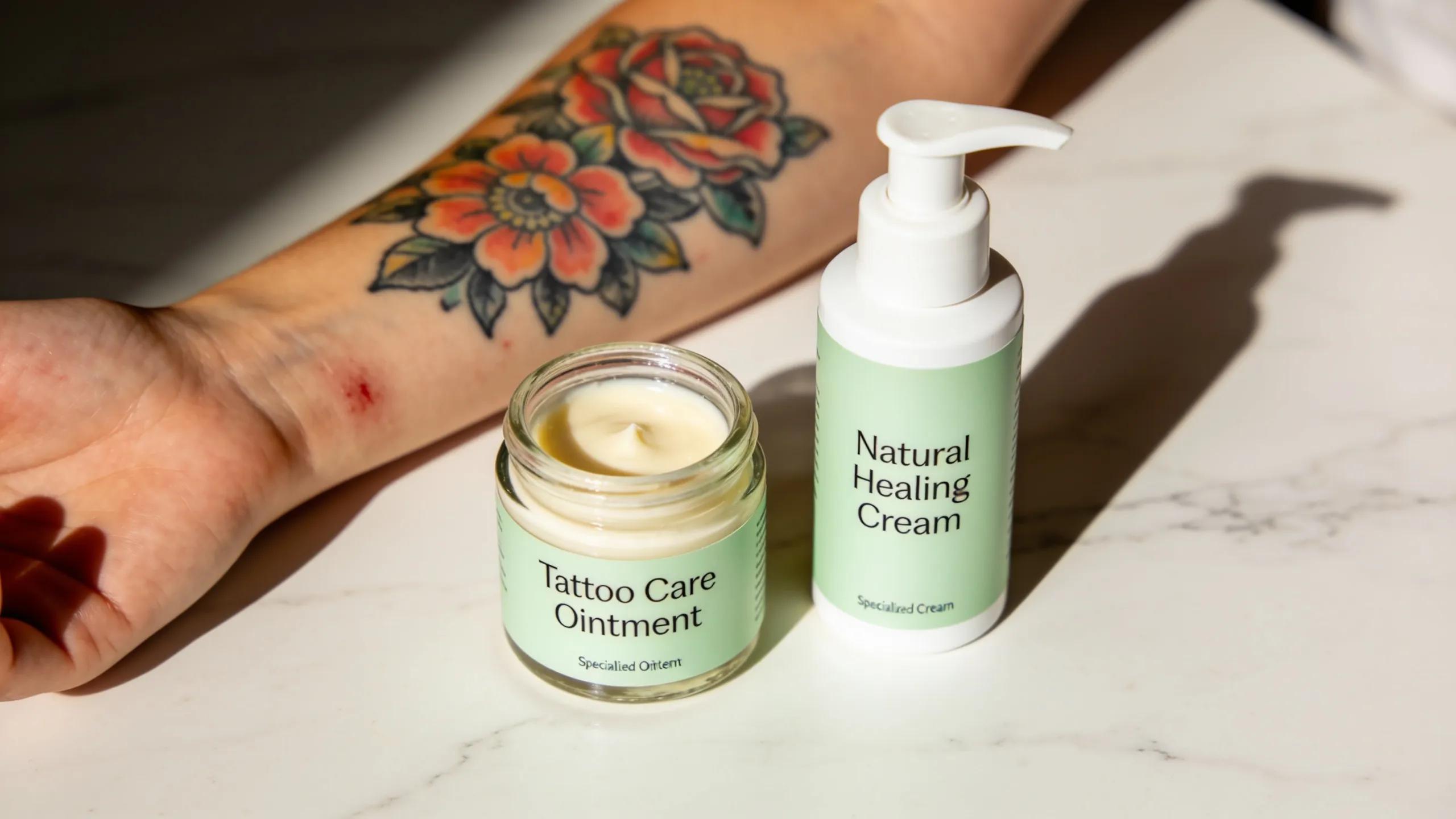 Aftercare products for tattoos displayed with a fresh tattoo in view
