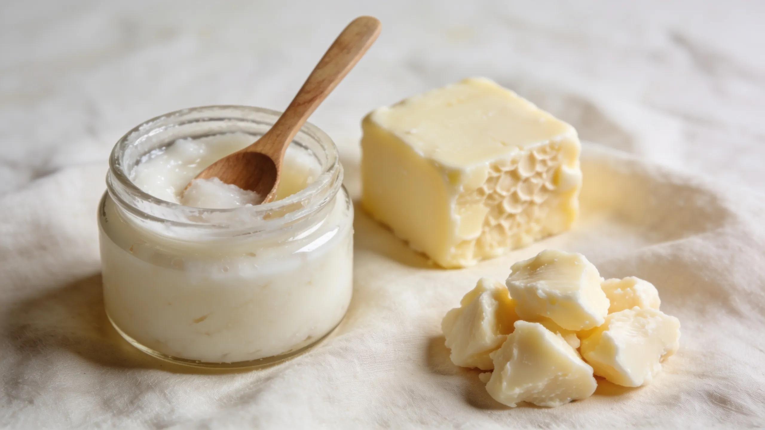 Key ingredients for foot balms: coconut oil, cocoa butter, and shea butter arranged beautifully