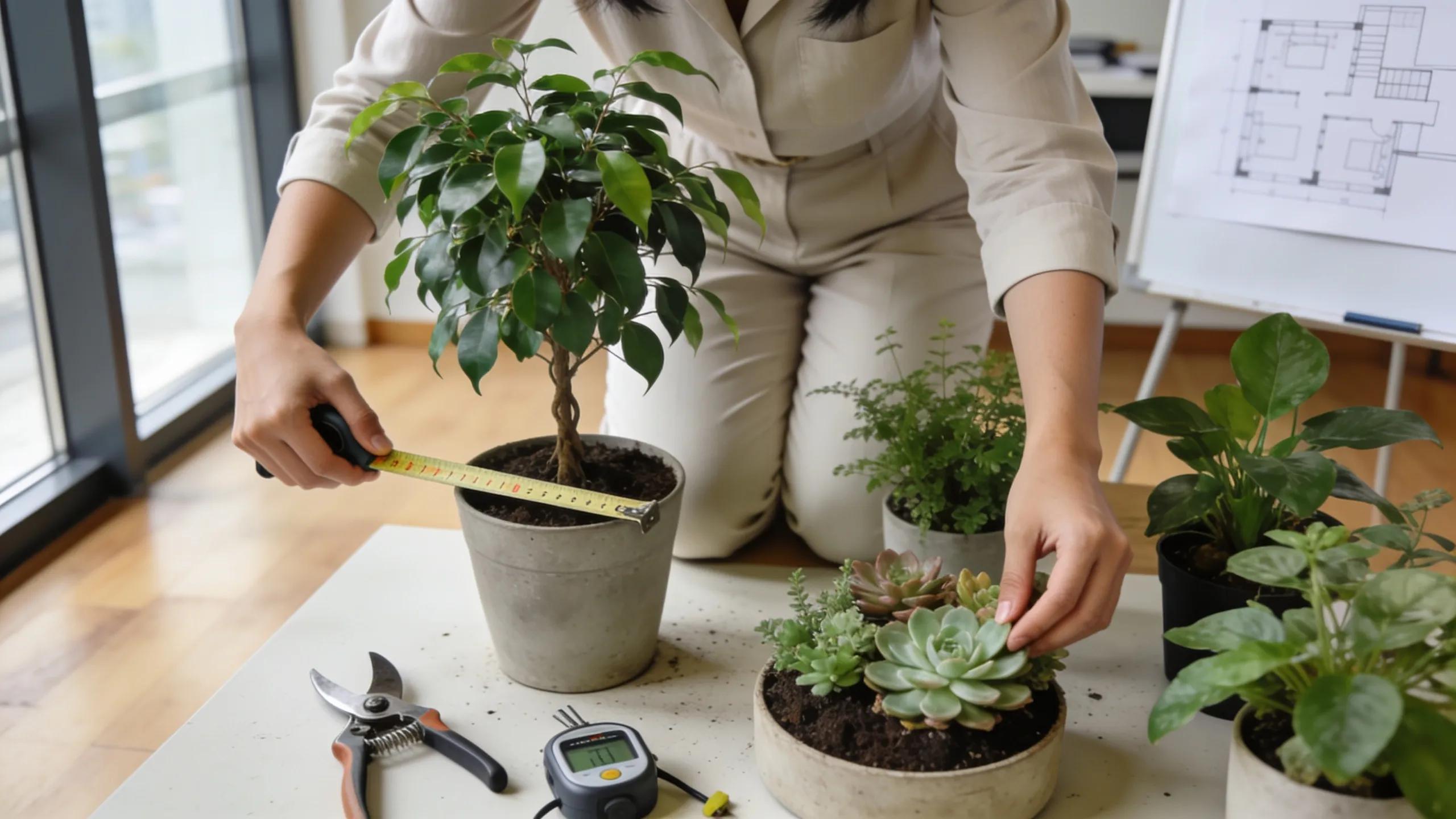 Designer assessing interior landscaping options with various plants for strategic selection in a professional setting