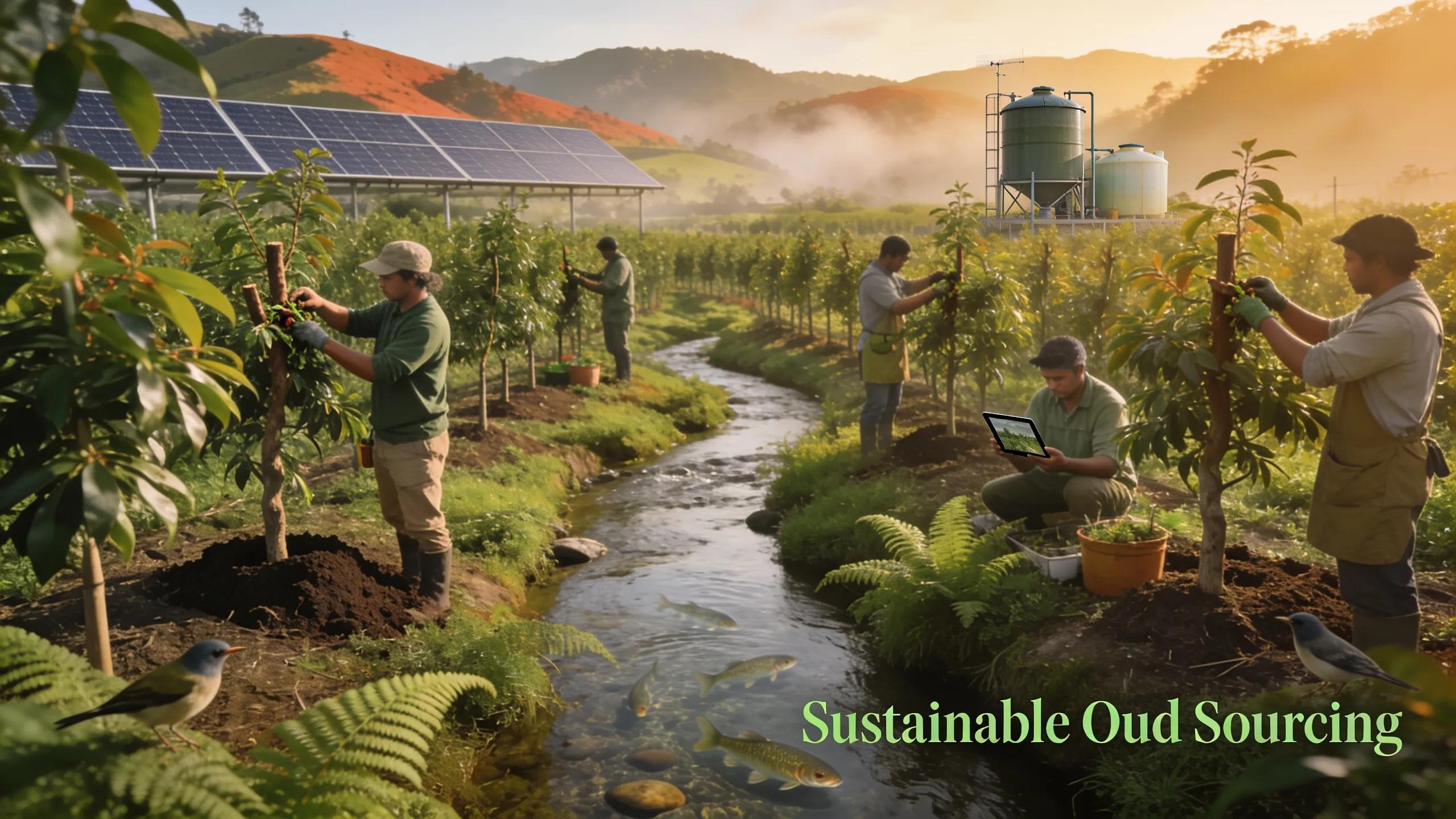 Sustainable agarwood plantation in New Zealand with workers promoting ethical harvesting practices