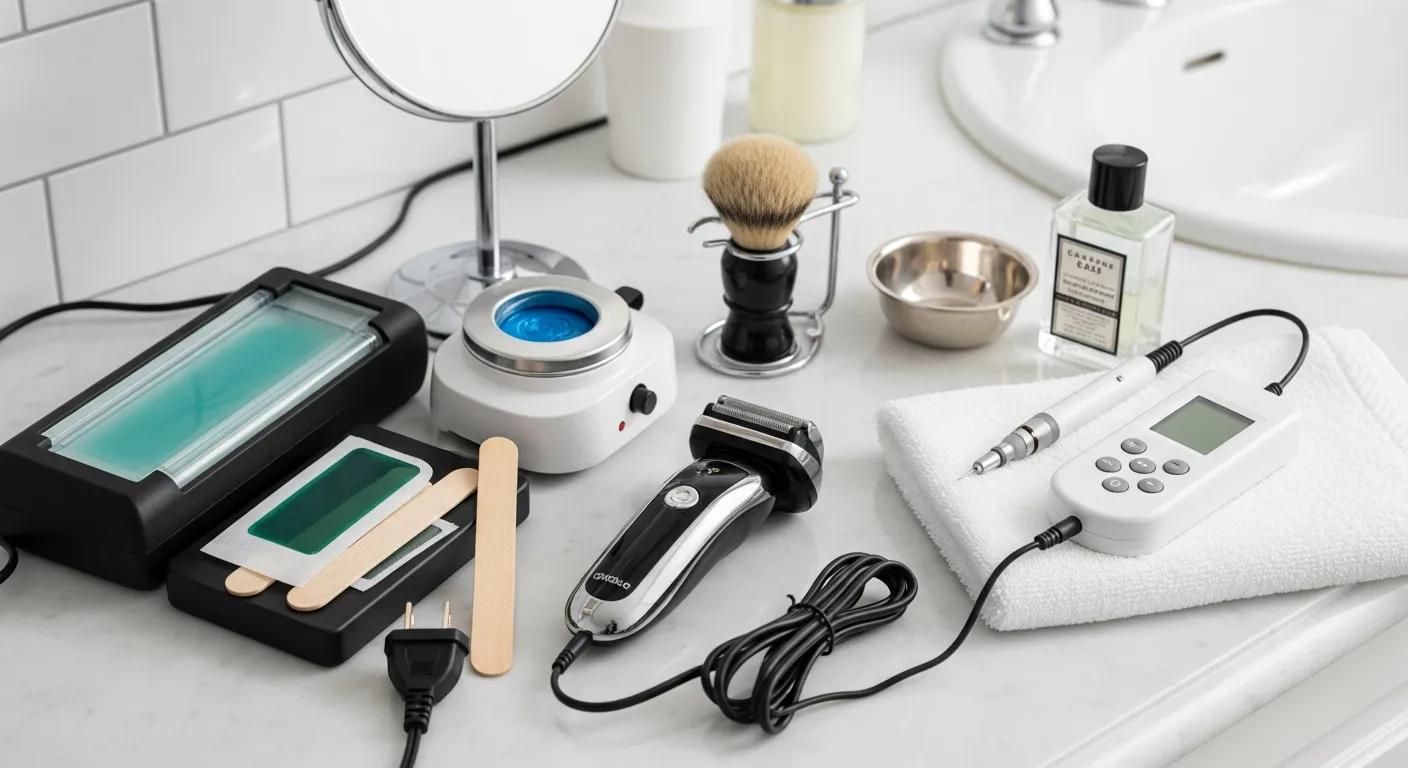 Men's grooming tools including an electric razor, waxing kit, and electrolysis device on a bathroom countertop