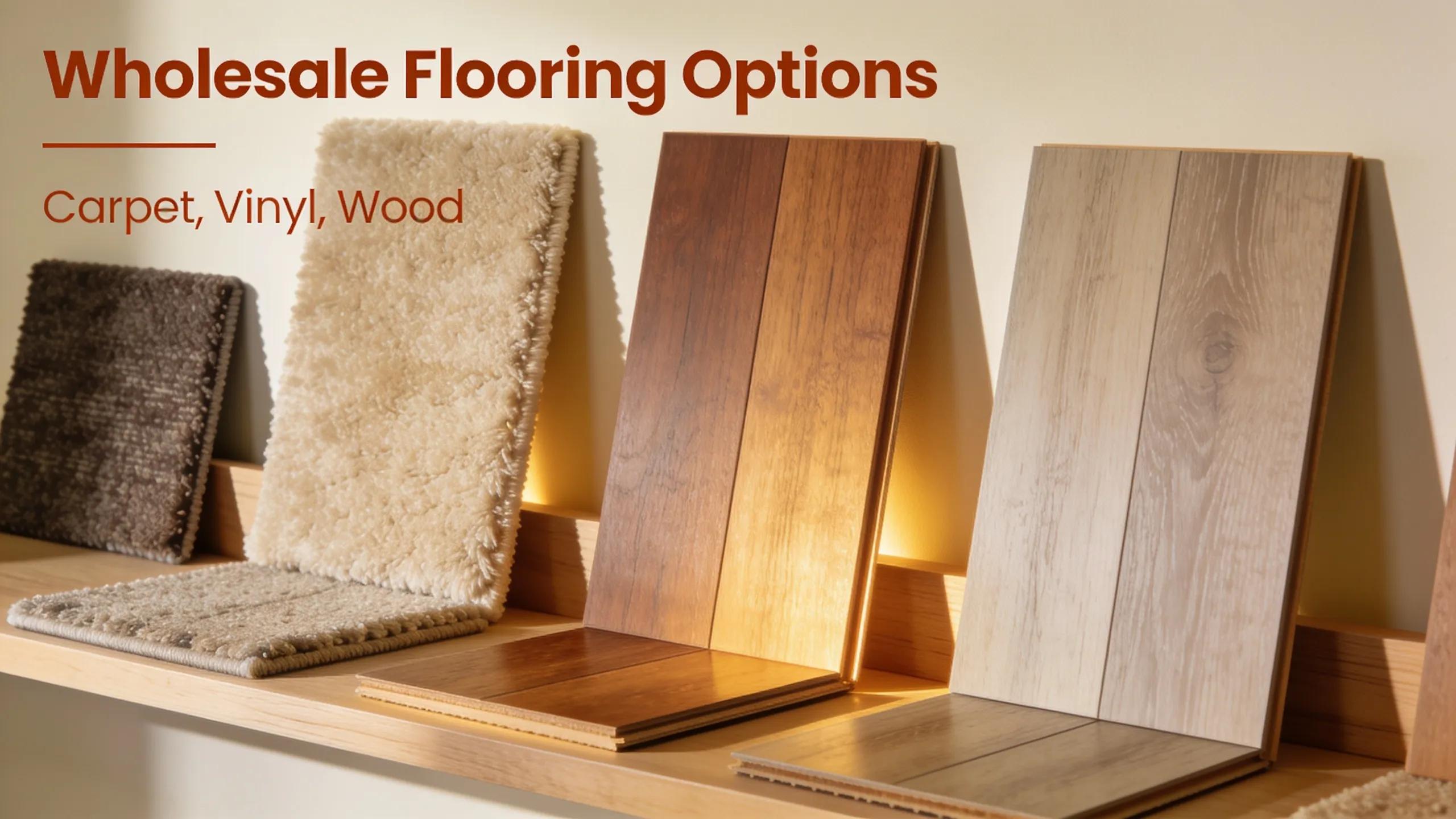 Wholesale flooring options: carpet, vinyl, and wood samples.
