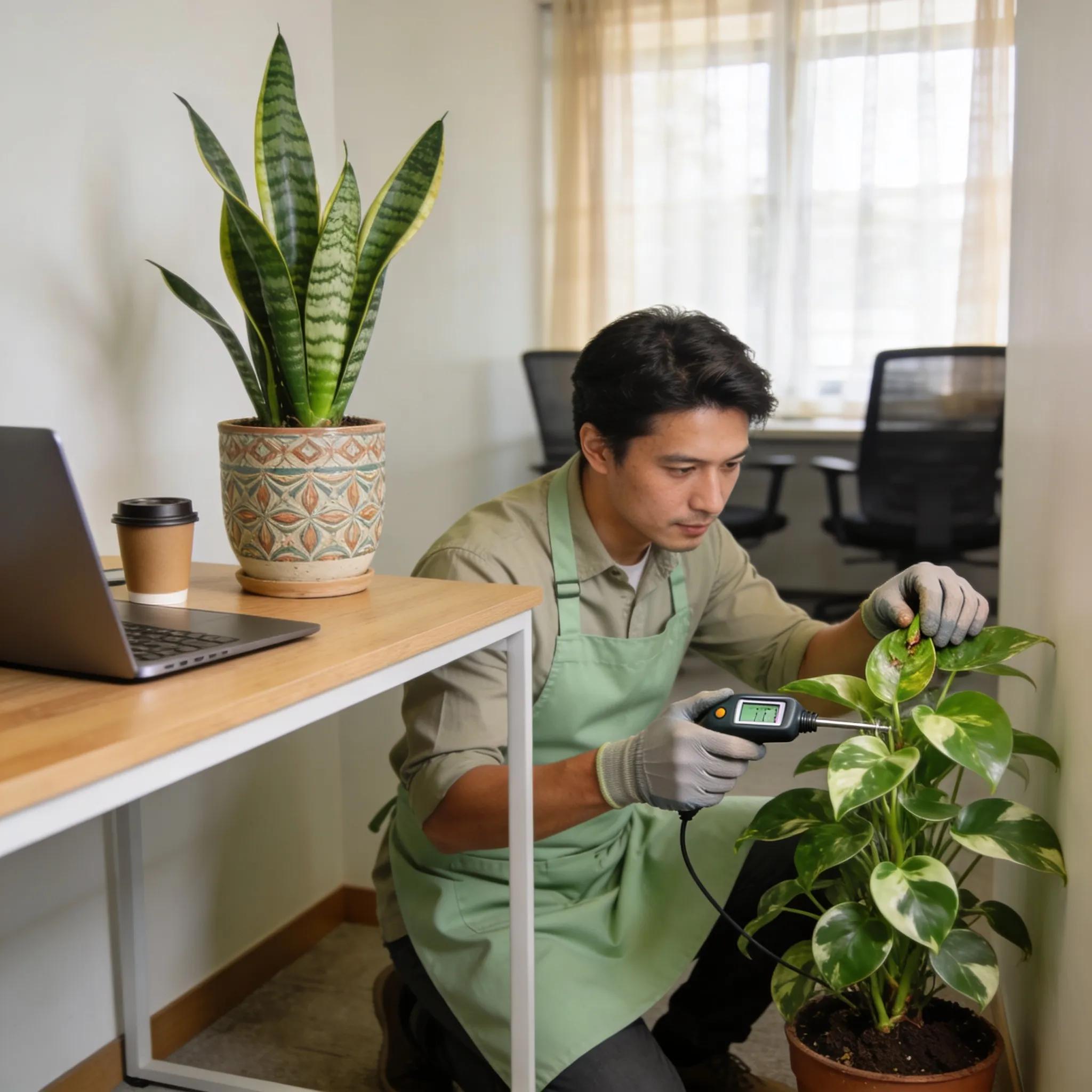 Professional gardener assessing plant health in a commercial office setting