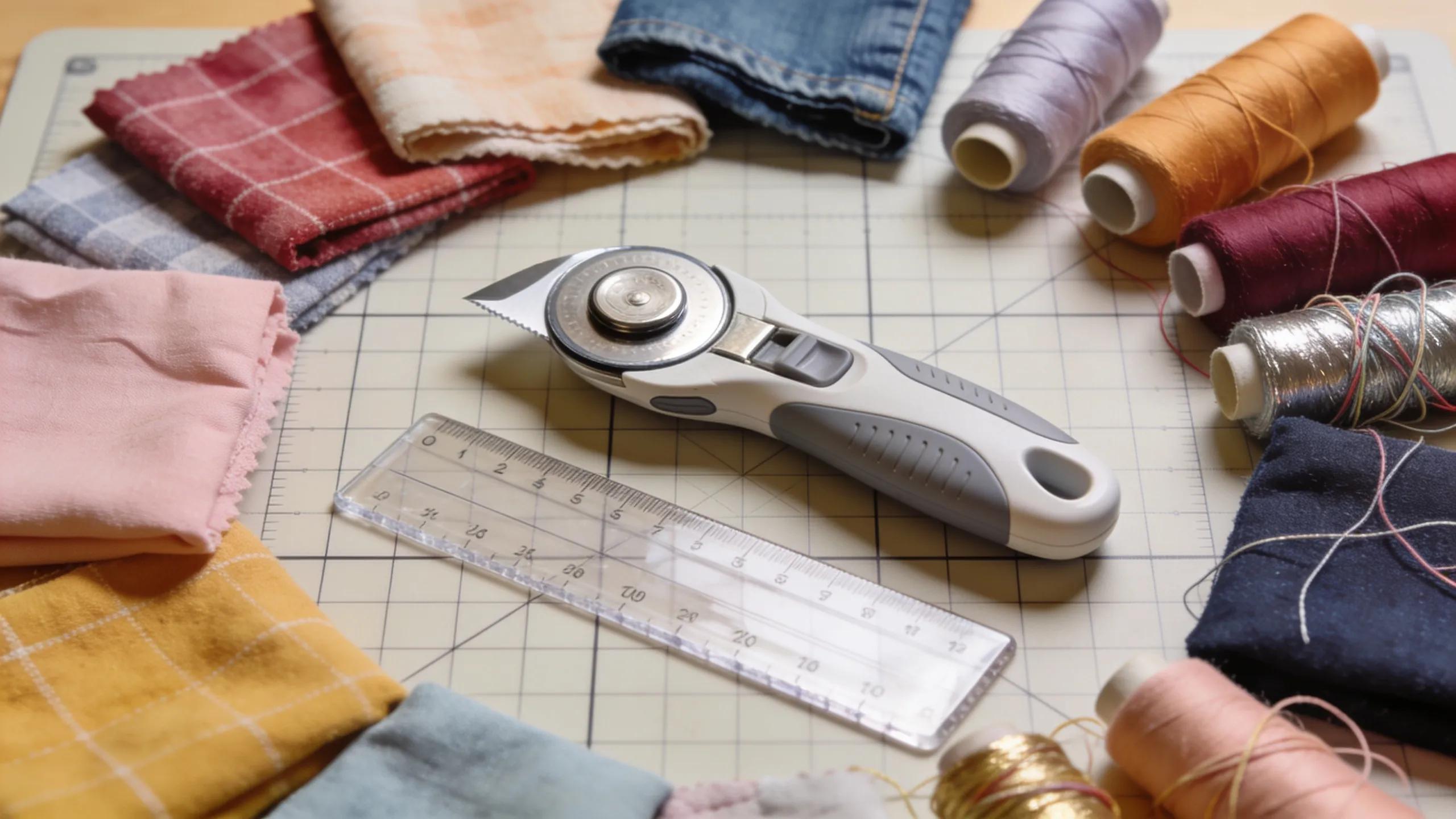 Layout of essential quilting tools like rotary cutter, ruler, and mat for accurate quilting