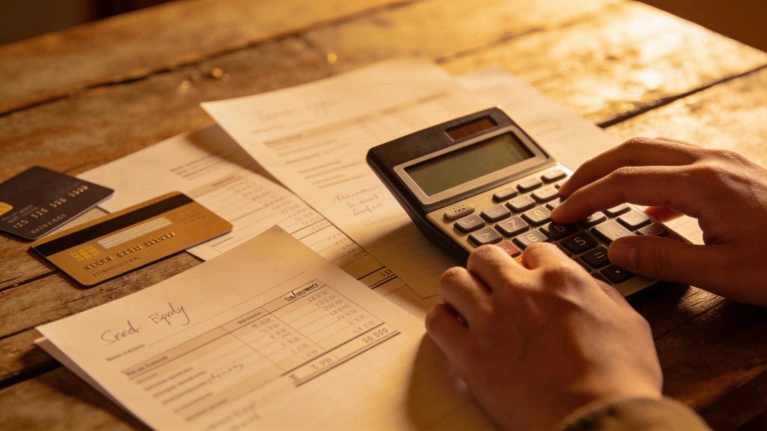 Close-up of a person calculating credit utilization percentages, representing strategies for optimizing credit scores