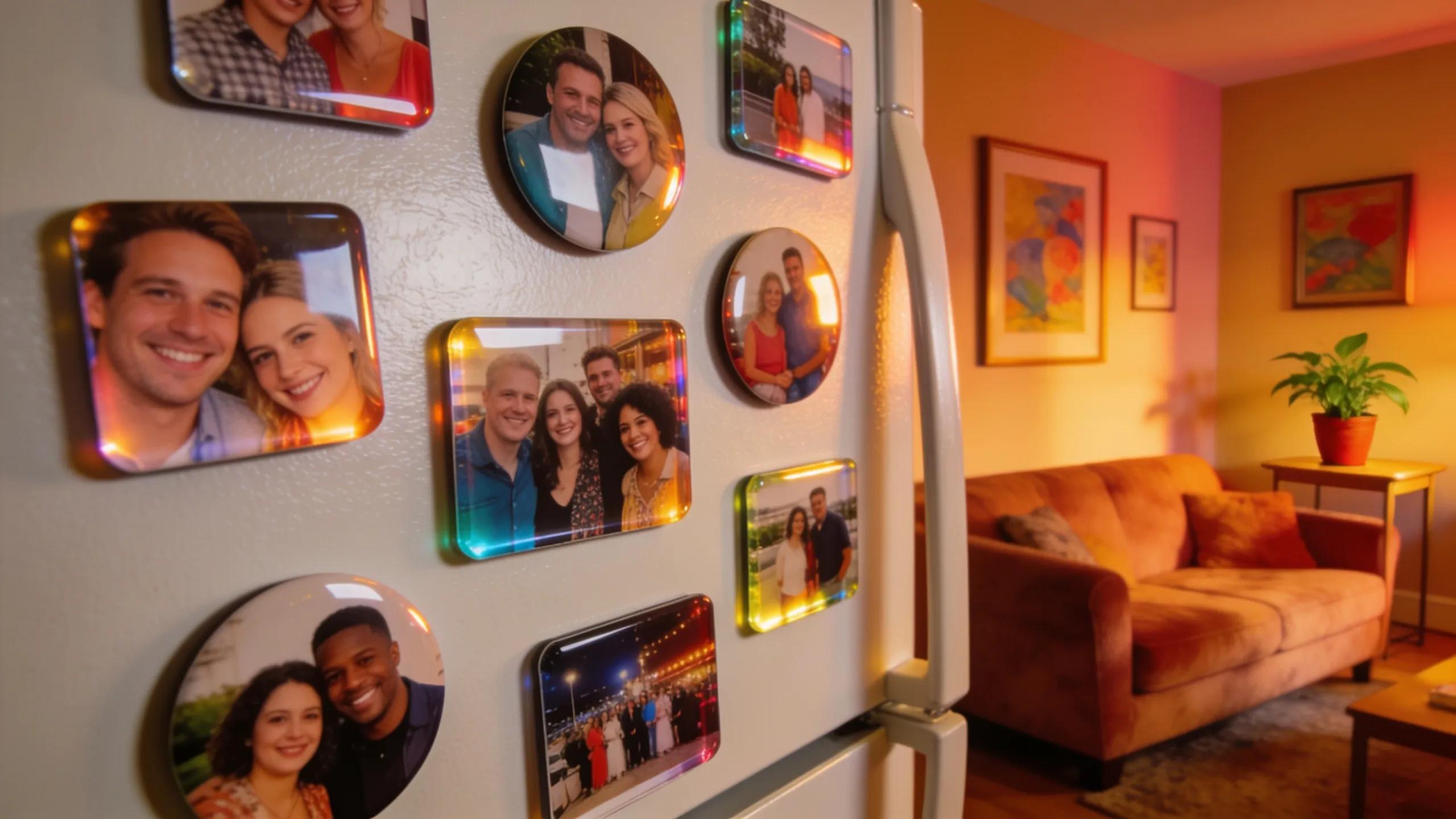 Custom photo magnets showcasing personal memories on a refrigerator in a cozy living room