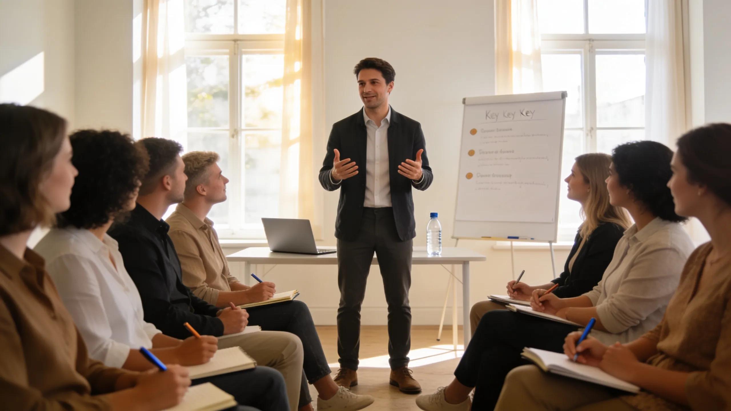 A coach presenting at a workshop to demonstrate authority-building.