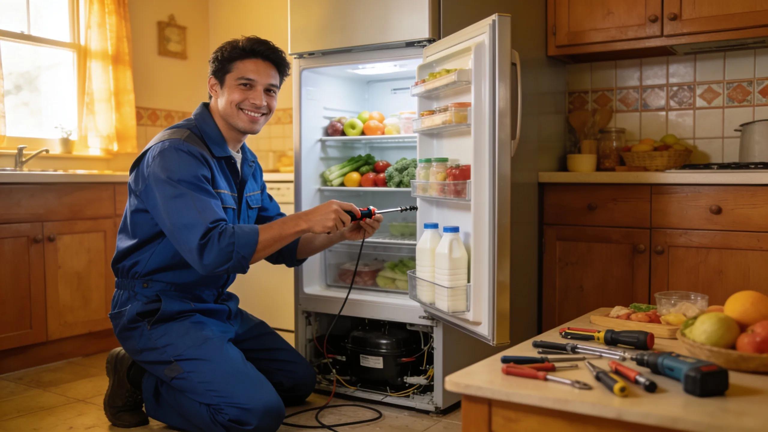 Local refrigeration technician repairing a refrigerator in a home kitchen, showcasing emergency service advantages