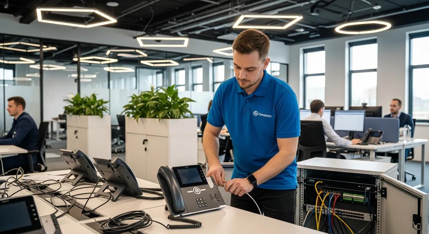 Technician installing VoIP system in a modern office environment
