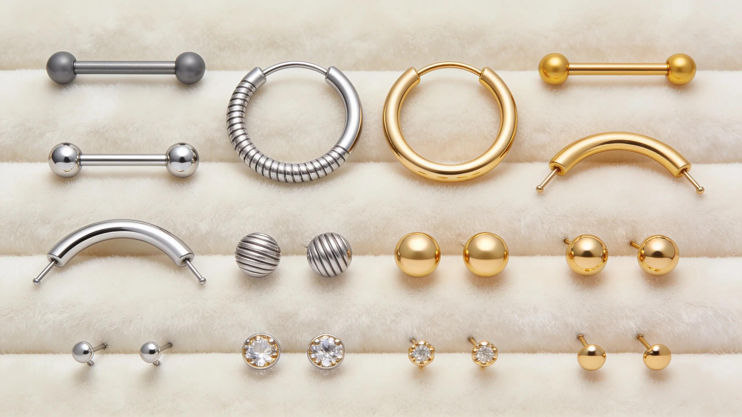 Assorted body jewelry materials for new piercings: titanium, surgical stainless steel, and solid gold