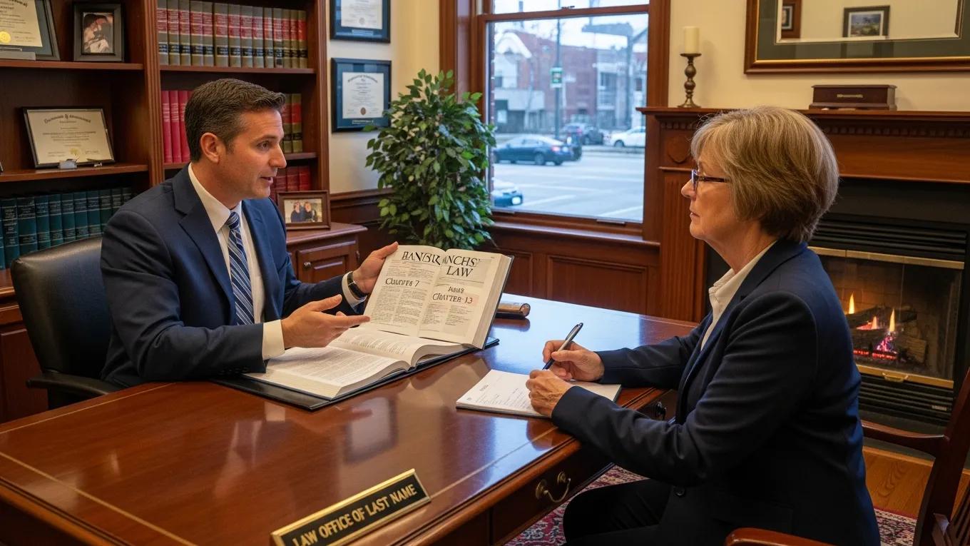 Attorney discussing bankruptcy law with client in a cozy office setting