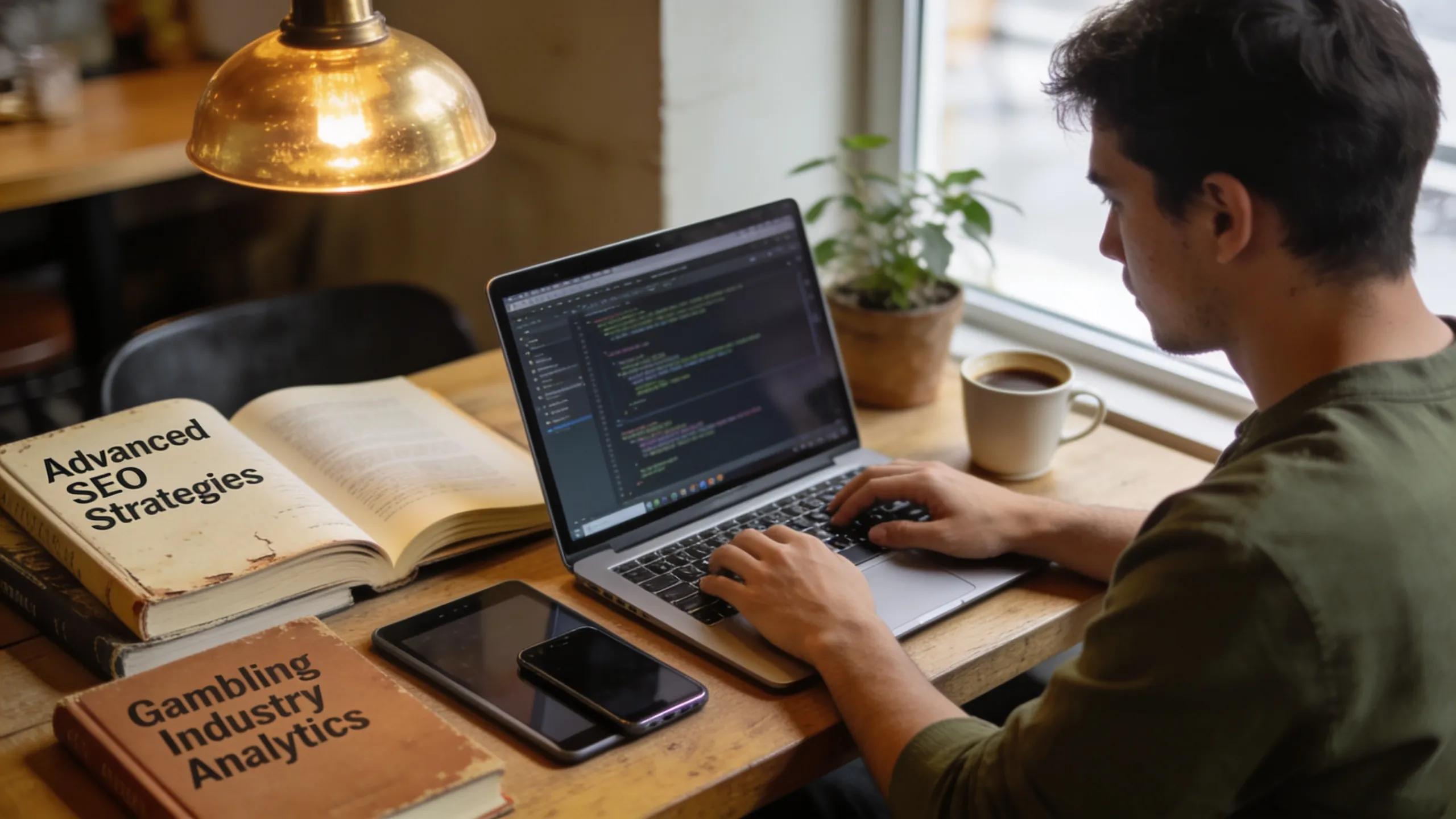 SEO specialist focused on optimizing content with AI in a café setting