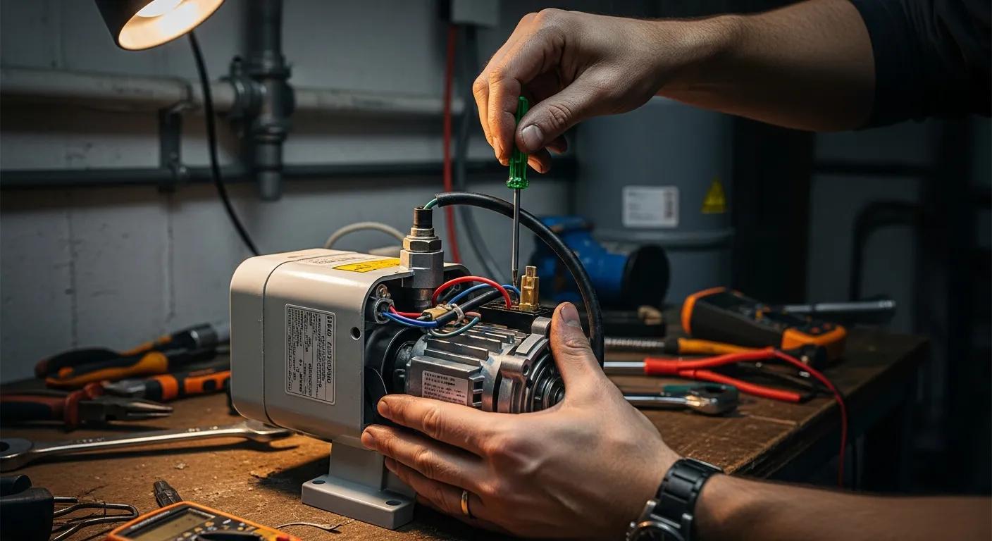 Close-up: technician repairing a condensate pump Close-up: technician repairing a condensate pump