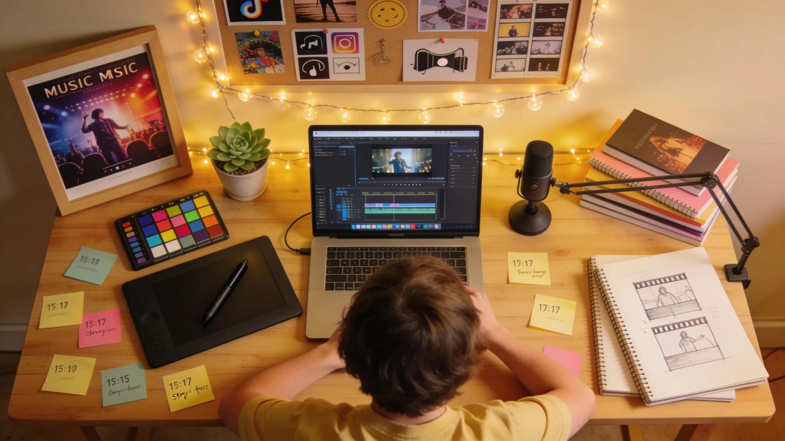 An artist customizing an AI-generated music video on a laptop in a creative workspace