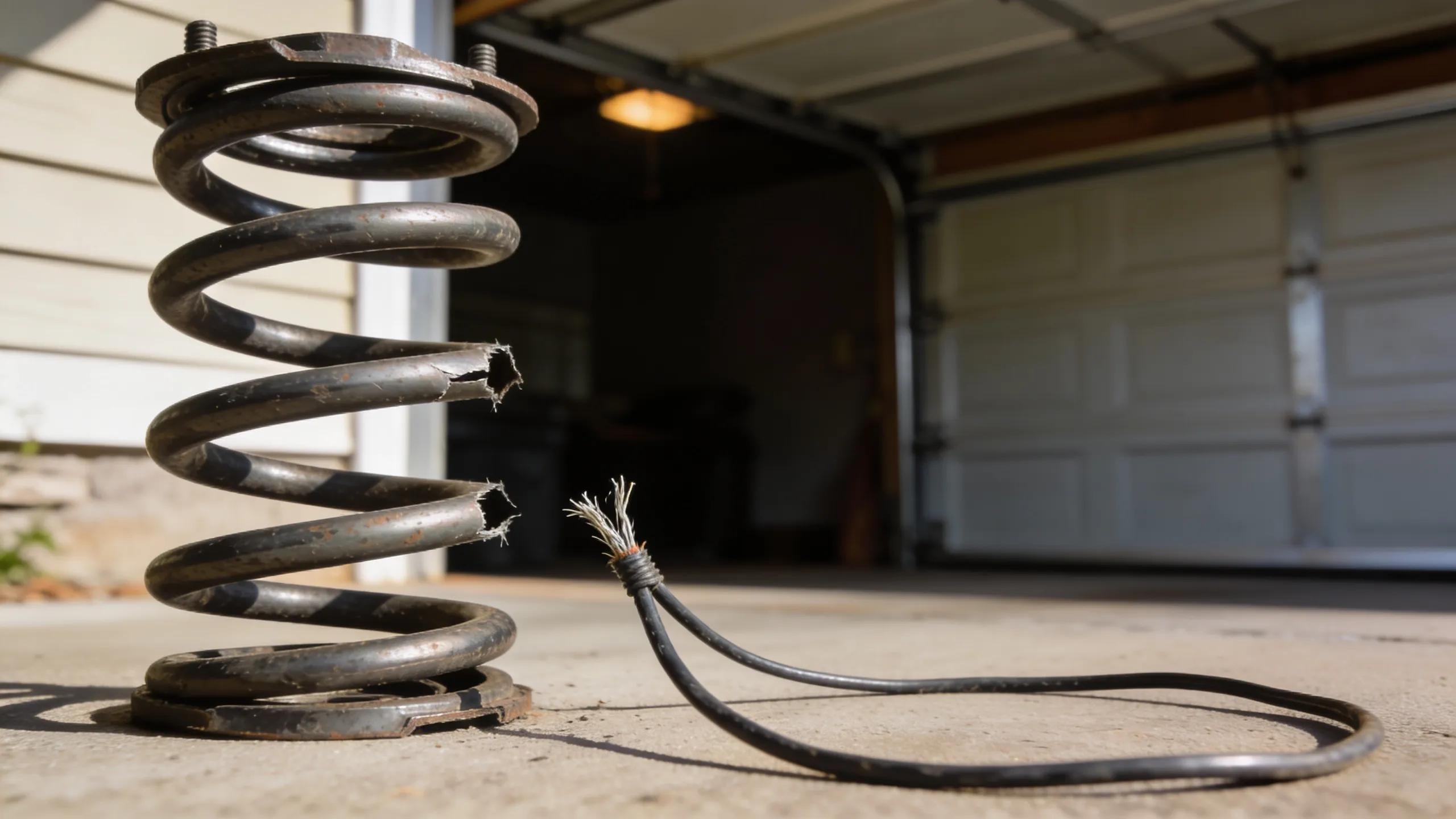 Broken garage door spring and snapped cable indicating urgent repair needs