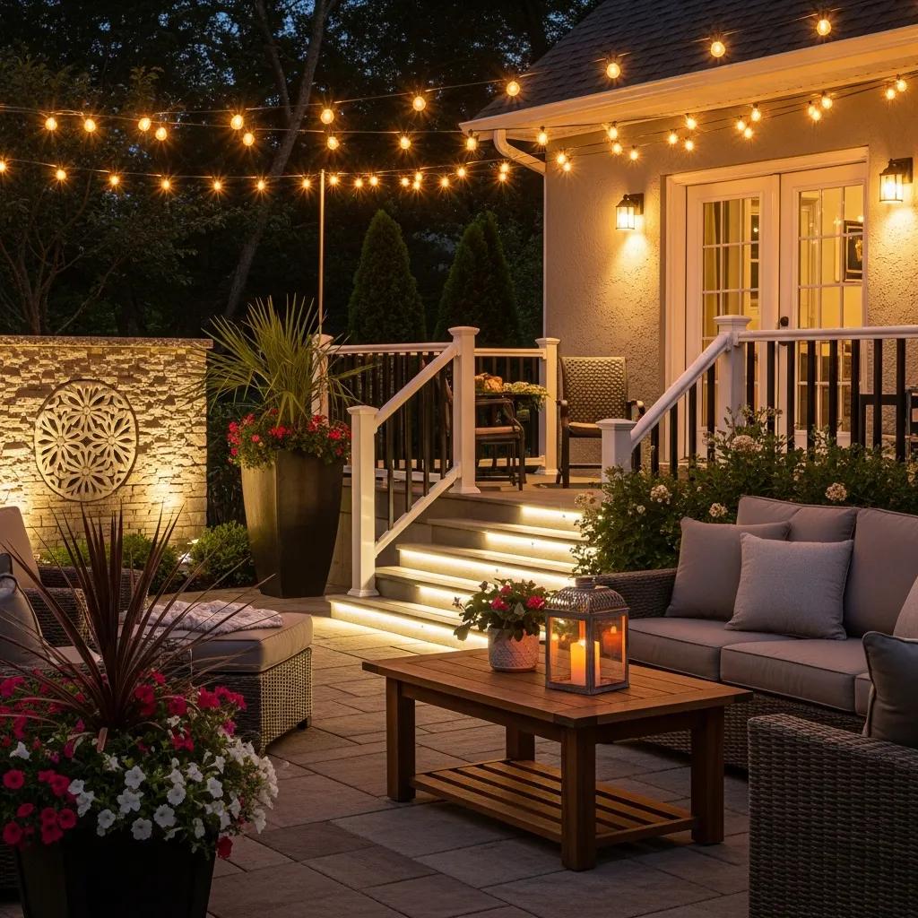 A beautifully lit patio area with various outdoor lighting types creating a cozy ambiance