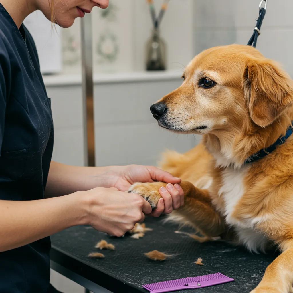 A calm dog being groomed for nail care, showcasing stress-free techniques in a cozy environment
