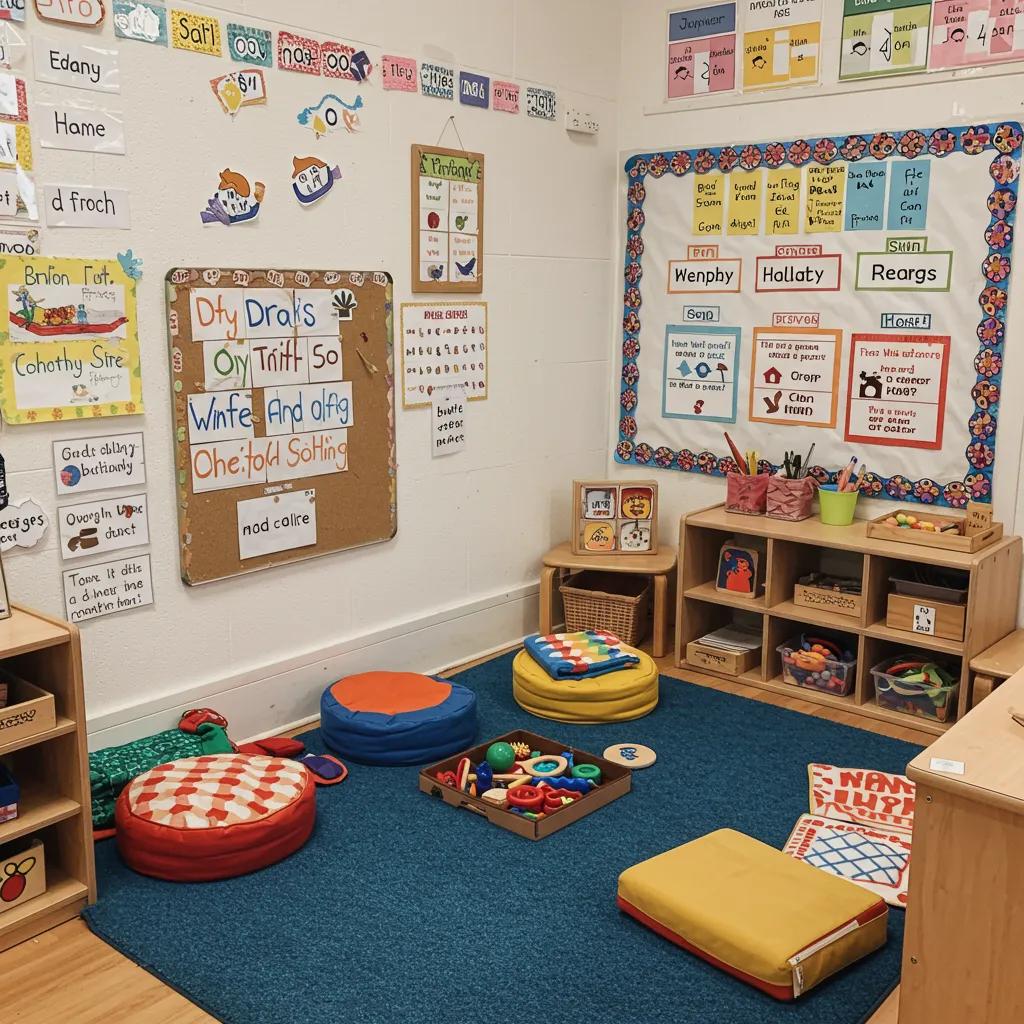 A calm-down corner in a preschool classroom with sensory tools and cozy seating