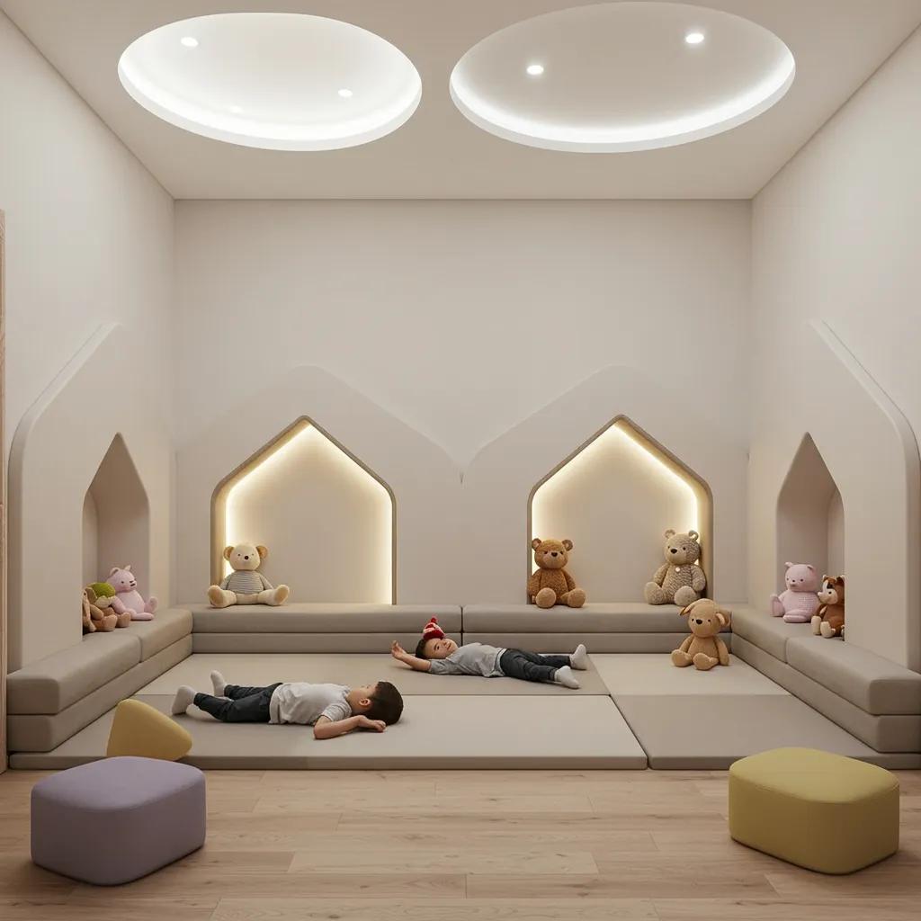 A calming rest area for children, designed to support quiet time and sleep with comfortable furnishings and soft lighting