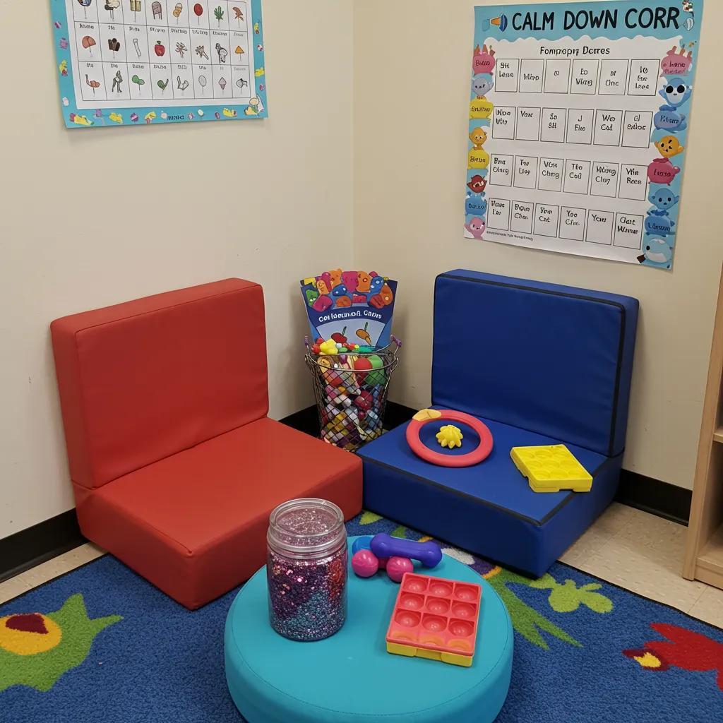 A child-friendly calm down corner with sensory items and soft seating for emotional regulation
