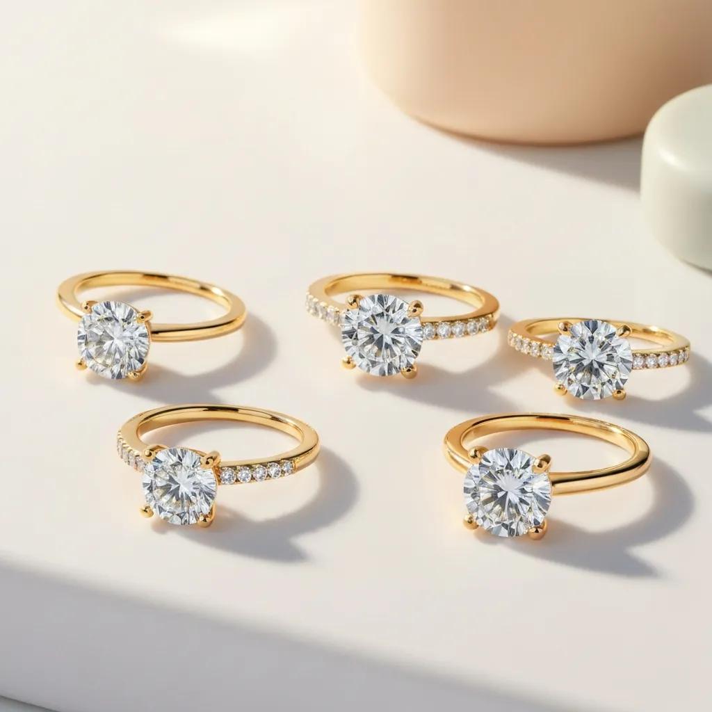 A collection of affordable engagement rings featuring lab-grown diamonds and moissanite, showcasing their brilliance and unique designs