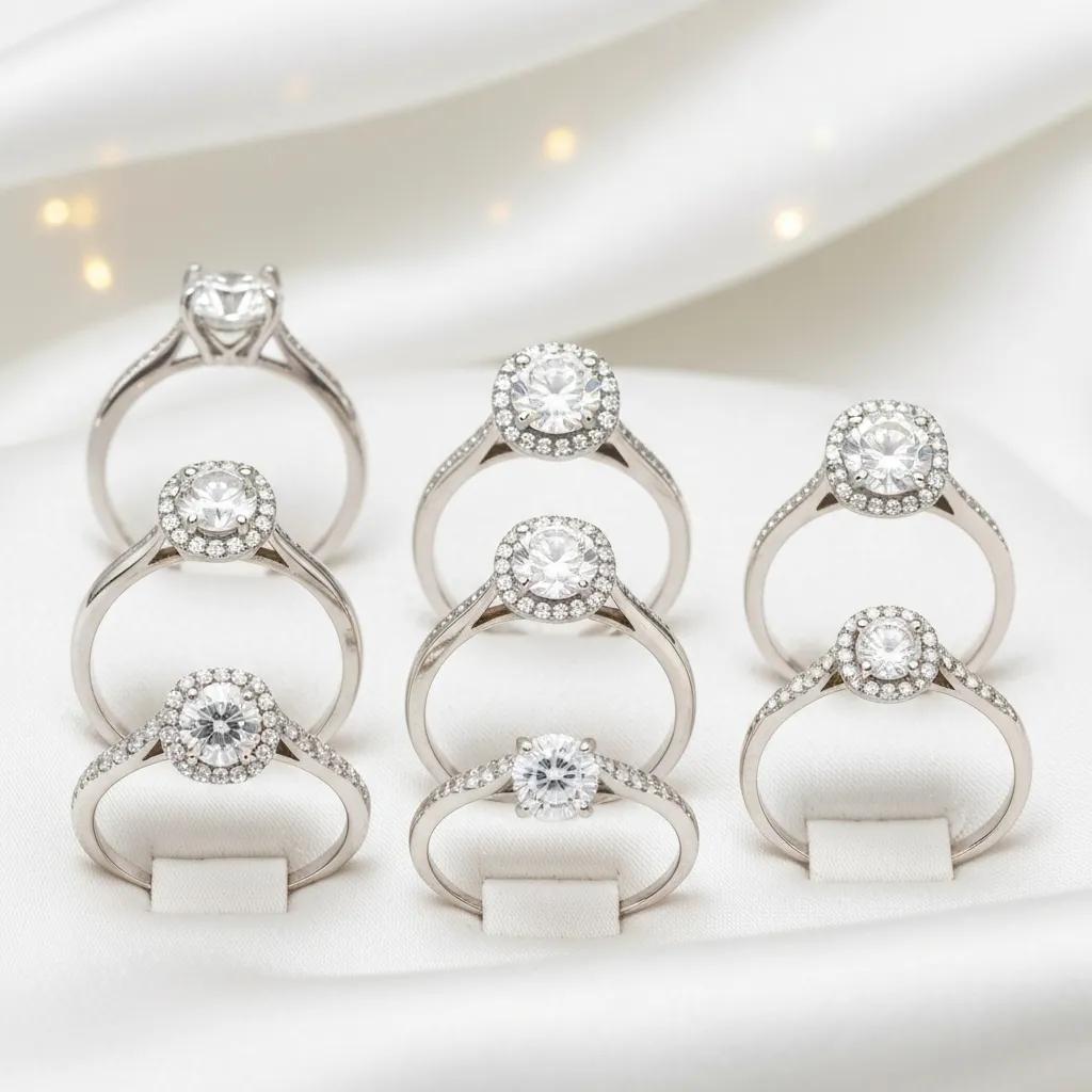 Assortment of elegant engagement rings in varied styles, highlighting luxury and choice