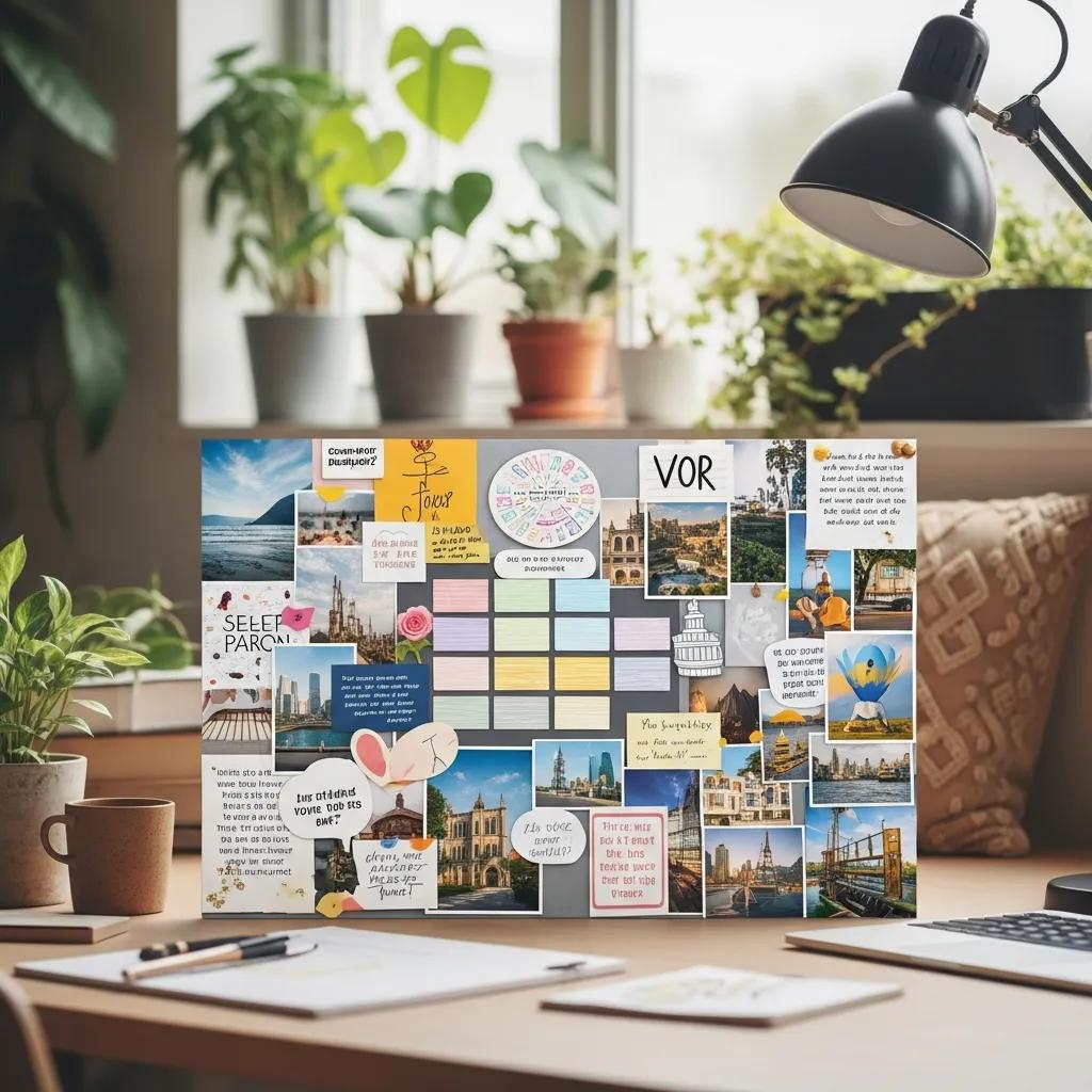 A thoughtfully arranged vision board with images and quotes that reflect personal and professional goals, displayed on a calm workspace A thoughtfully arranged vision board with images and quotes that reflect personal and professional goals, displayed on a calm workspace