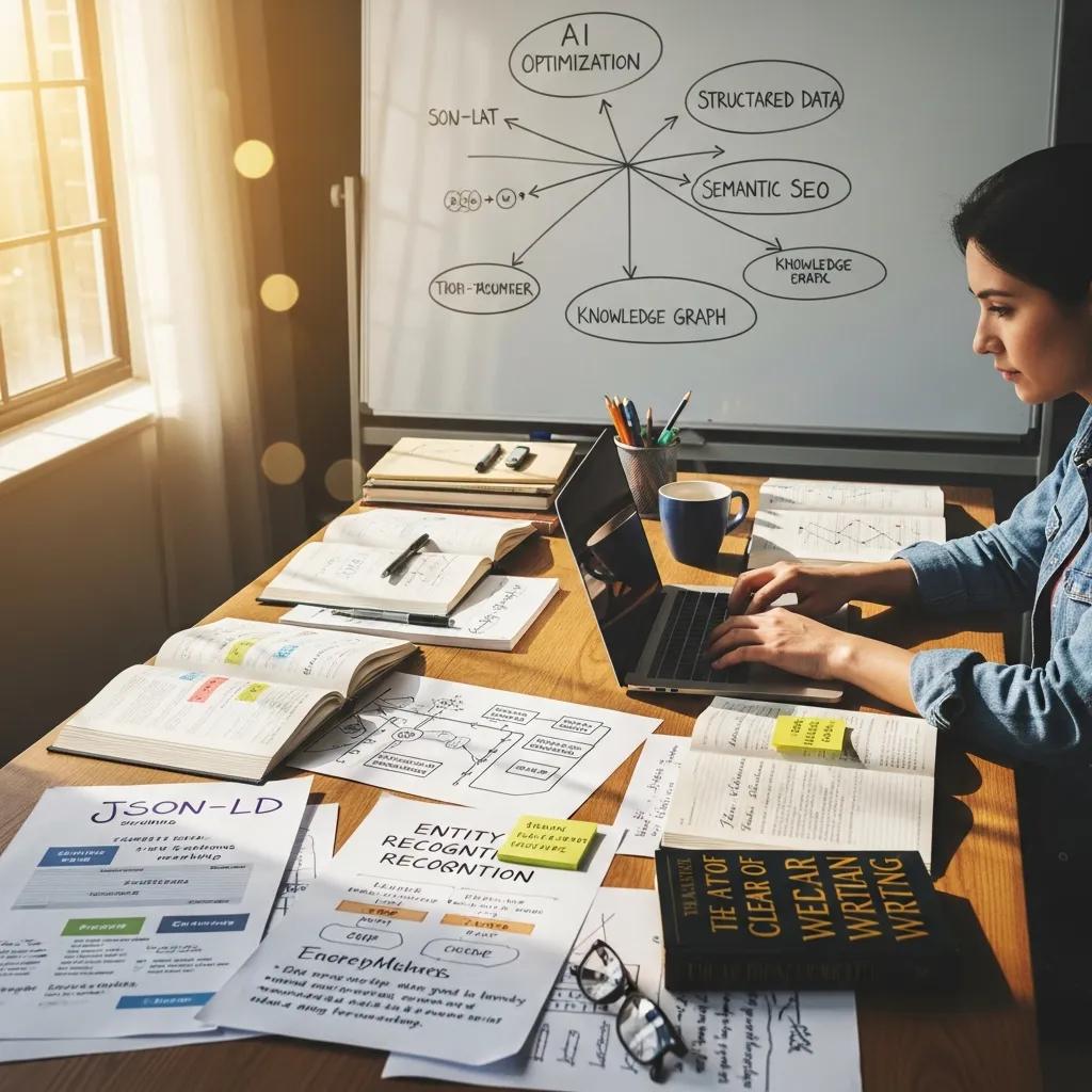 A content creation scene with a writer focused on optimizing content for AI citations, surrounded by notes and structured data examples.