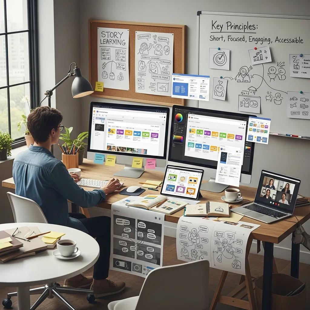 A designer creating microlearning content, surrounded by storyboards and digital tools, emphasizing the design process