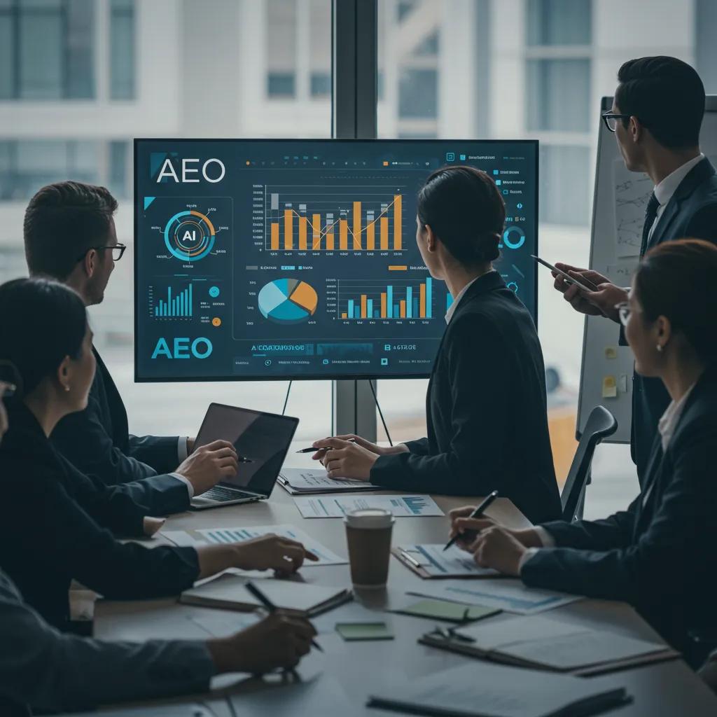 A dynamic team of professionals collaborating on AEO marketing strategies, with performance metrics displayed on a screen, symbolizing measurable benefits.