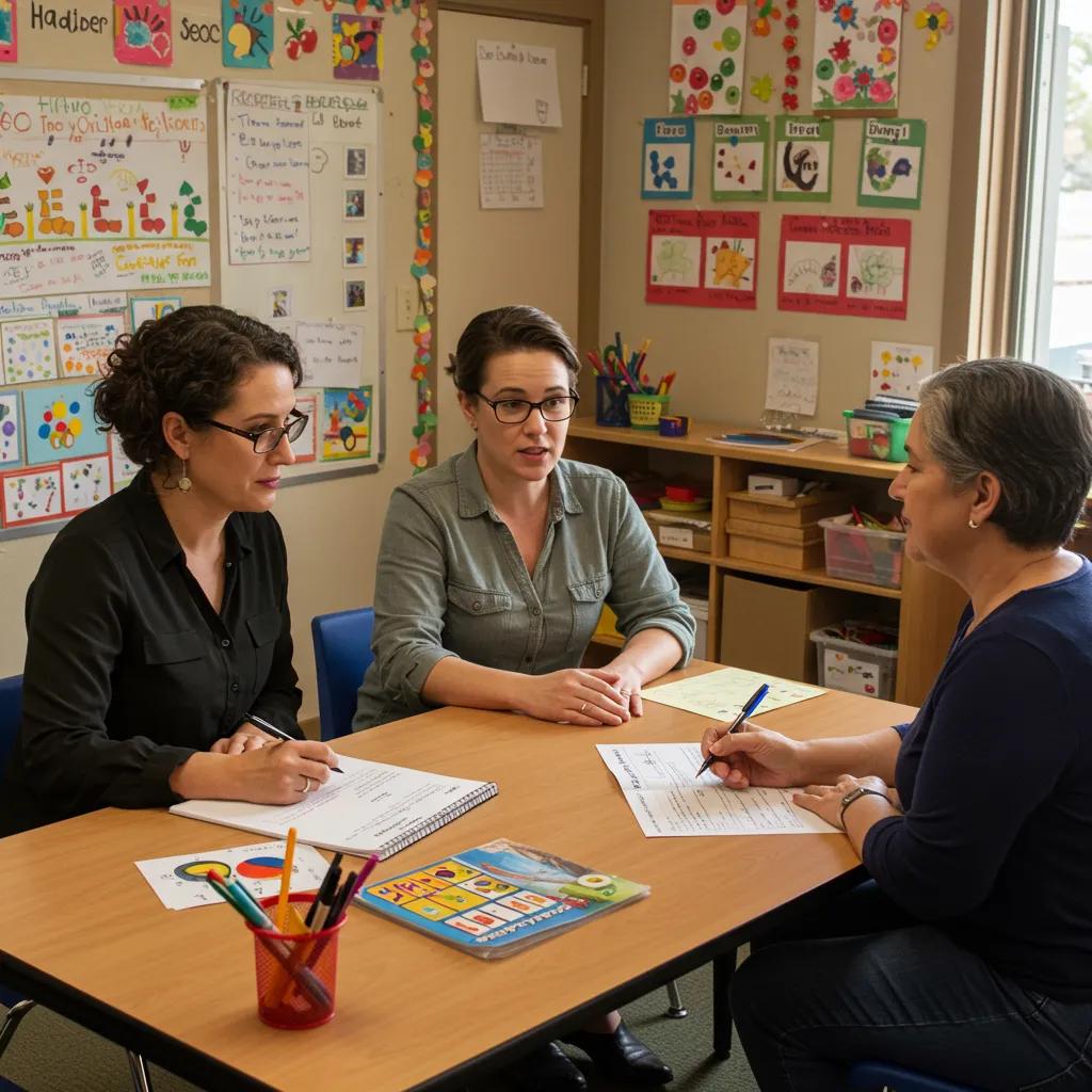 A parent and teacher engaged in a discussion during a conference, highlighting effective communication strategies in early education